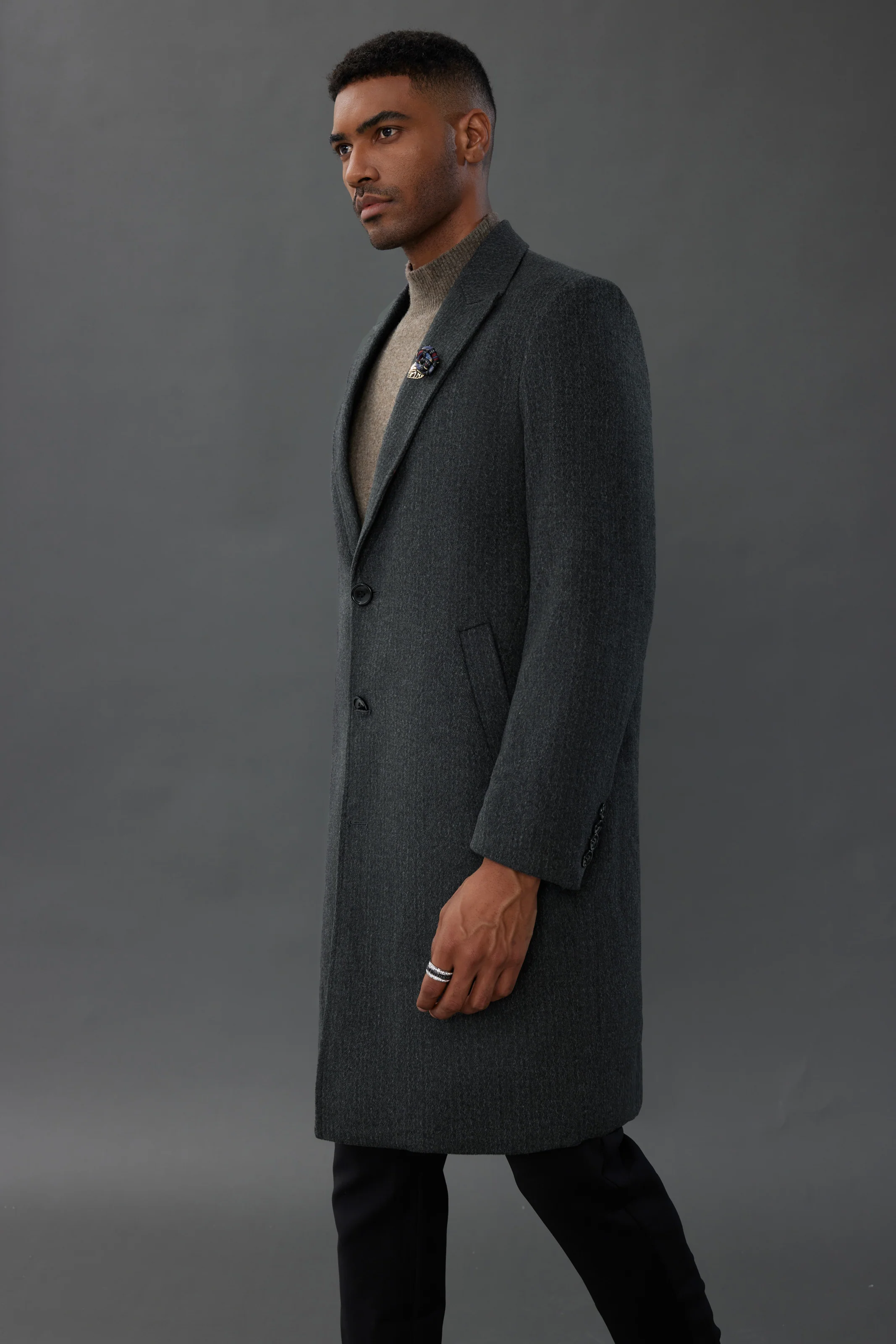 Men's Herringbone Wool Blend Long Overcoat Pea Coat with Brooch - Image 16