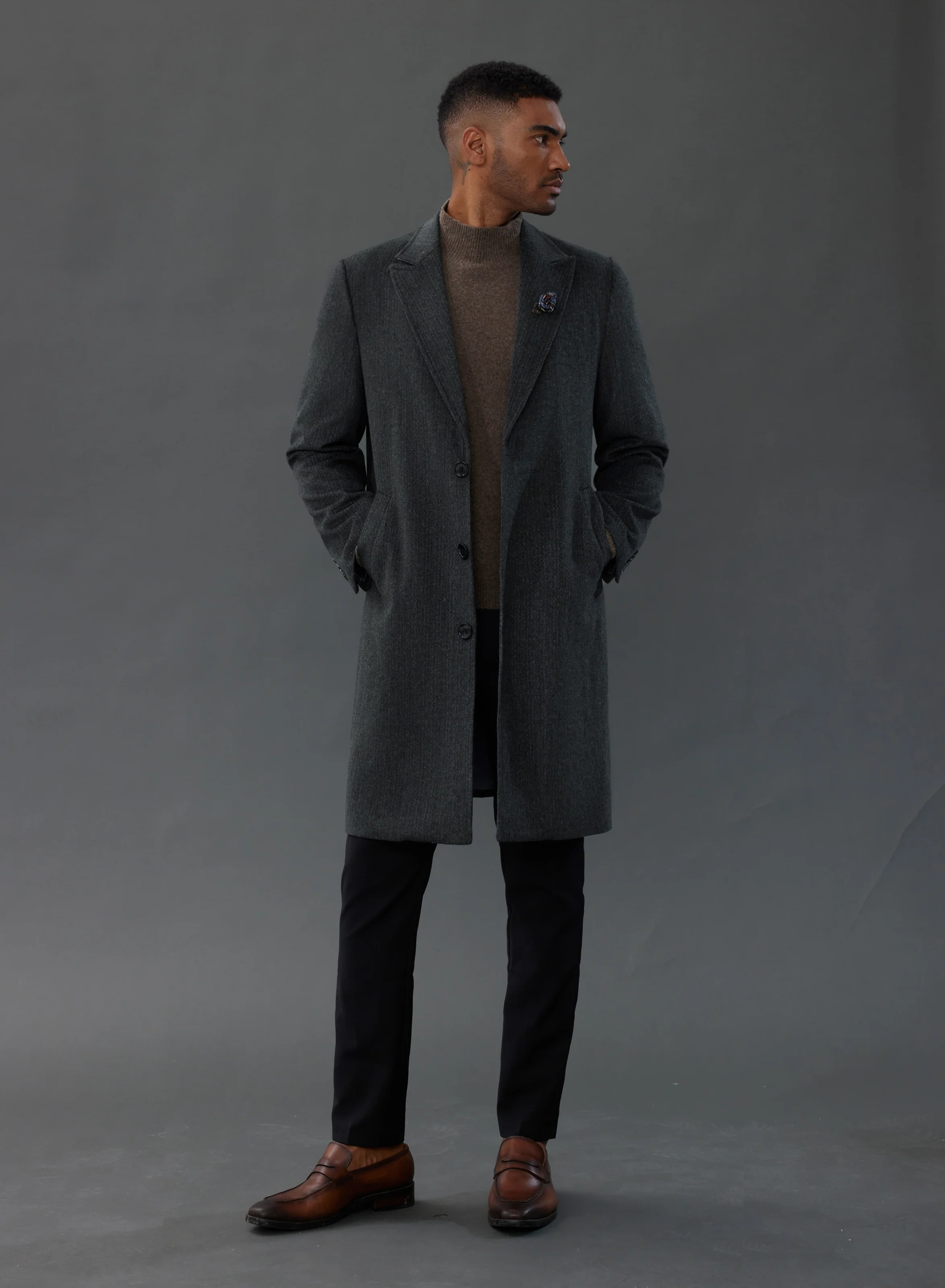 Men's Herringbone Wool Blend Long Overcoat Pea Coat with Brooch - Image 17