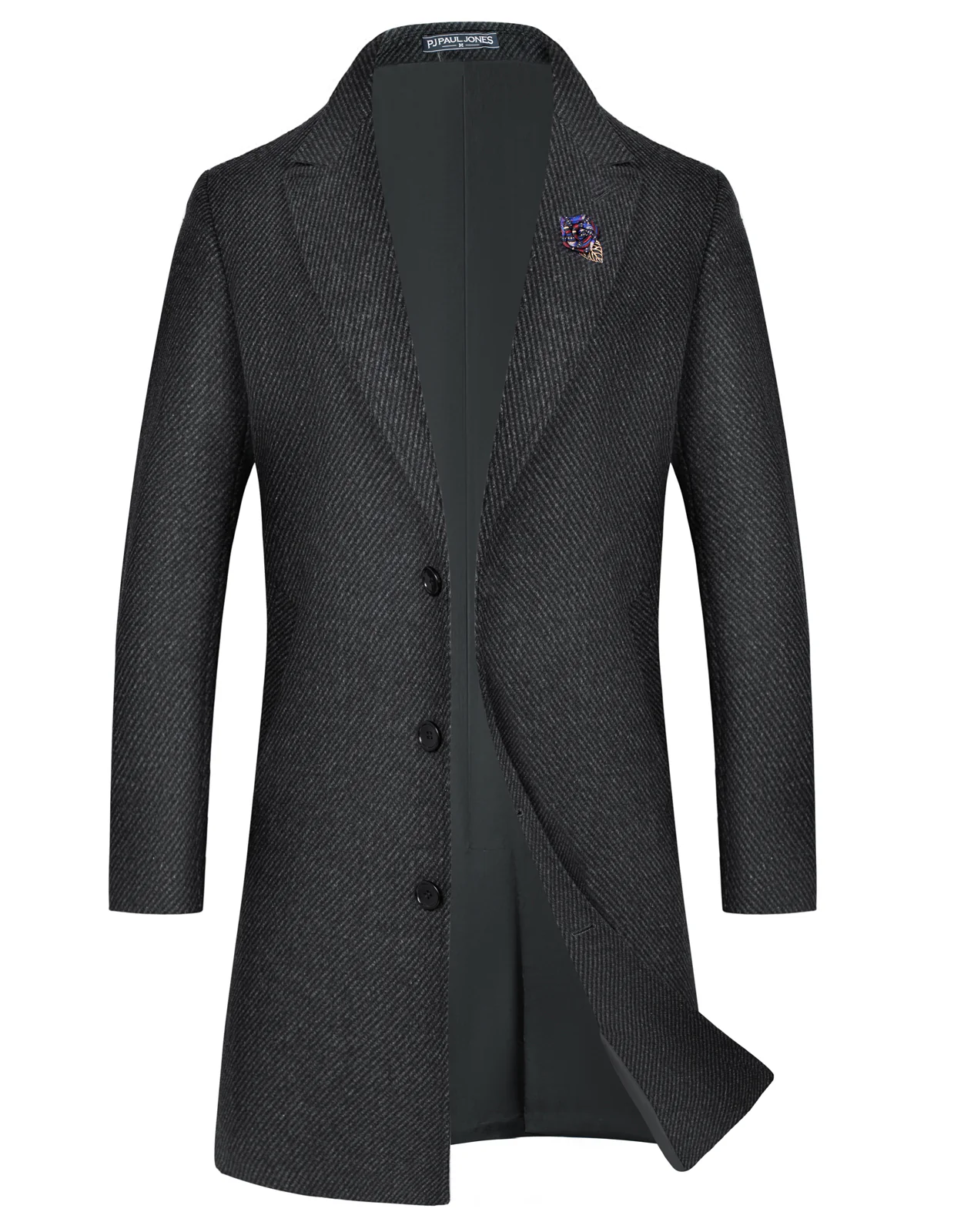 Men's Herringbone Wool Blend Long Overcoat Pea Coat with Brooch - Image 3