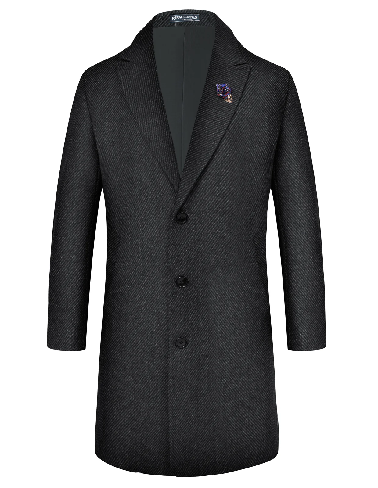 Men's Herringbone Wool Blend Long Overcoat Pea Coat with Brooch - Image 4