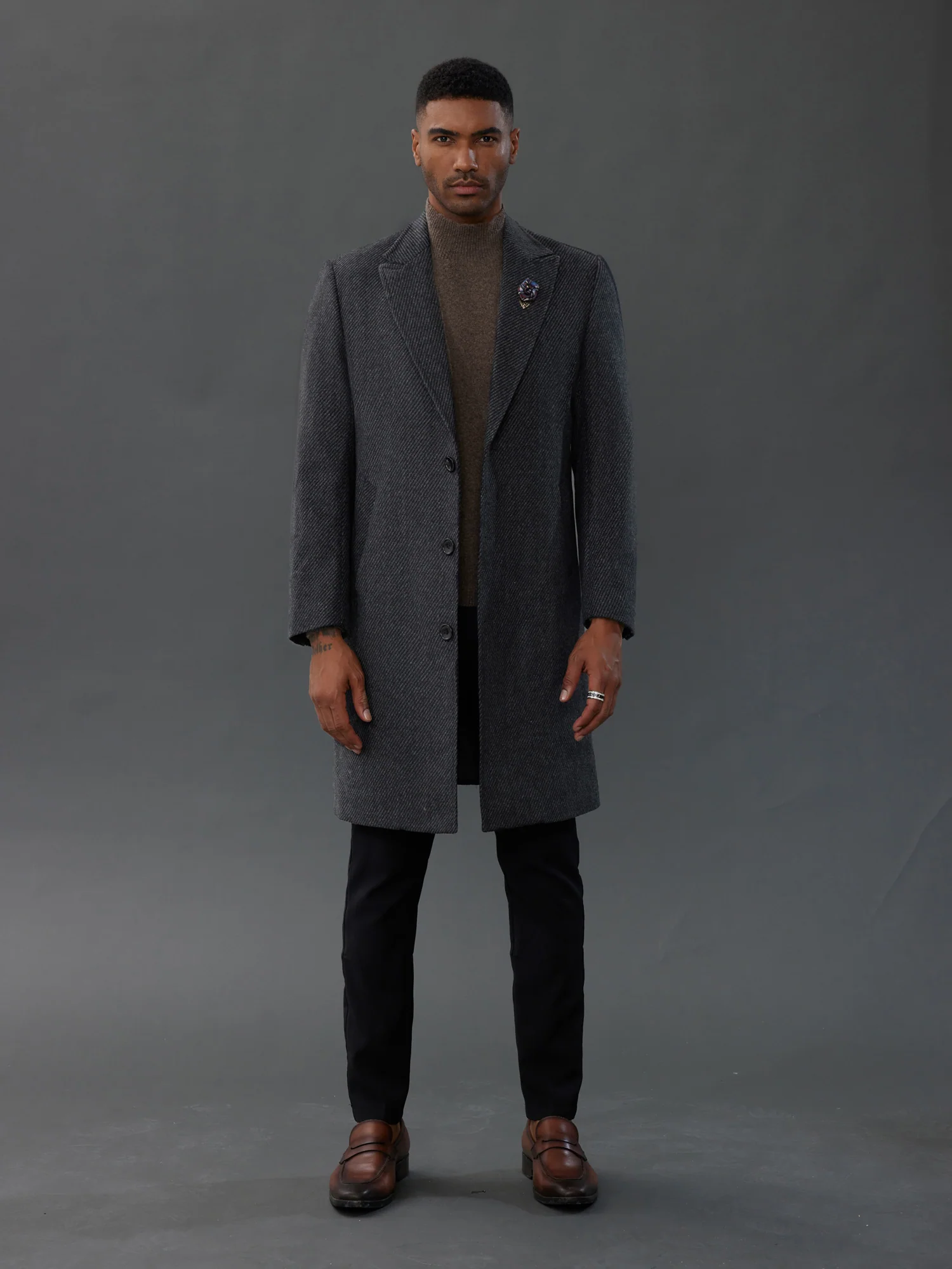 Men's Herringbone Wool Blend Long Overcoat Pea Coat with Brooch - Image 5