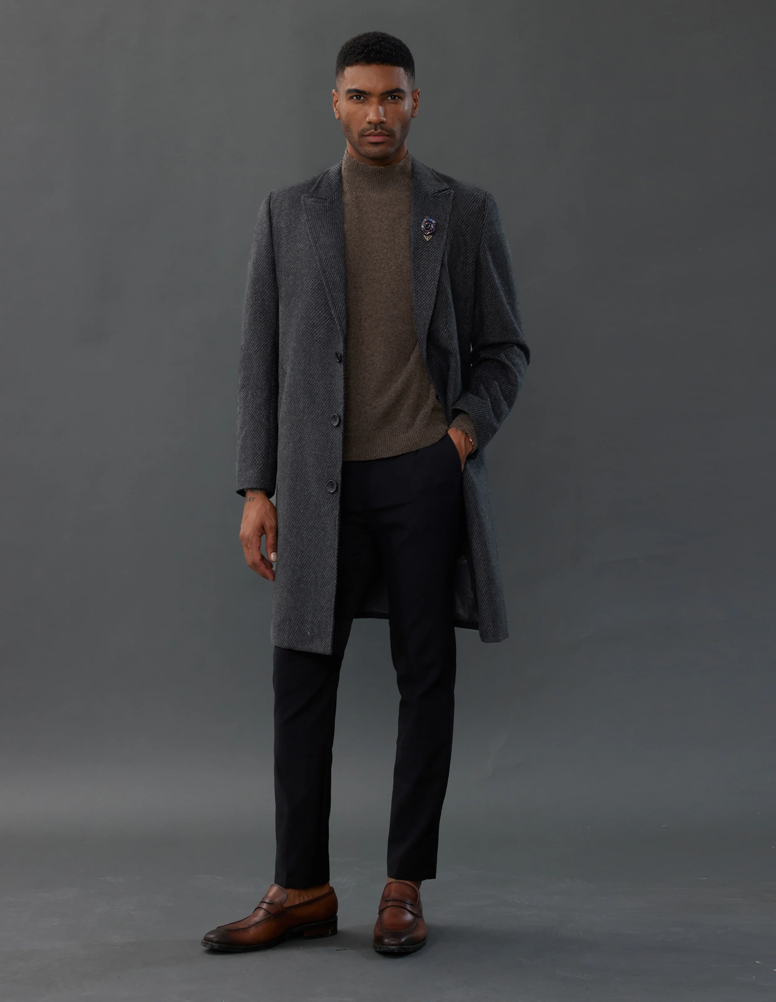 Men's Herringbone Wool Blend Long Overcoat Pea Coat with Brooch - Image 6