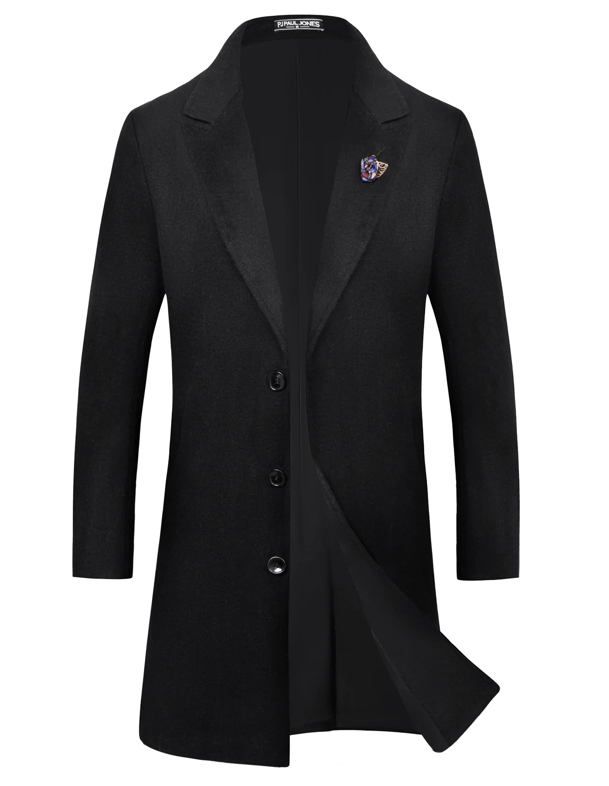 Men's Herringbone Wool Blend Long Overcoat Pea Coat with Brooch - Image 8
