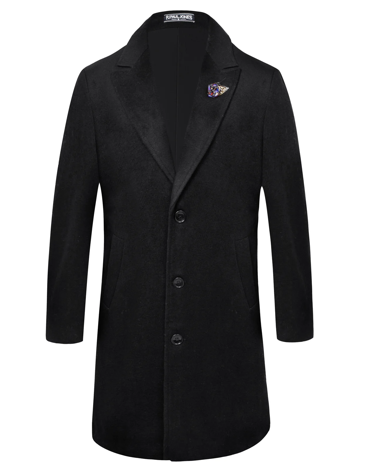 Men's Herringbone Wool Blend Long Overcoat Pea Coat with Brooch - Image 9