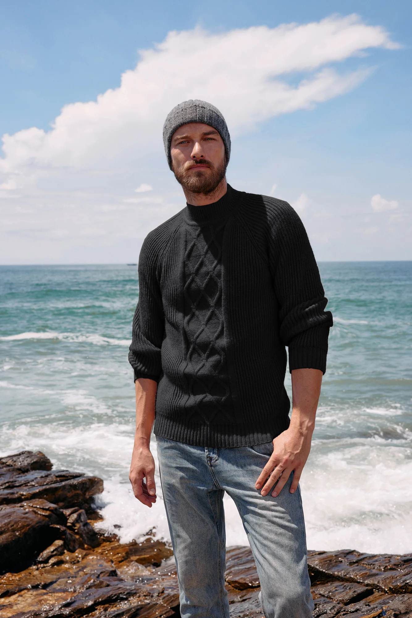 Men's Mock Neck Sweater Casual Cable Twisted Knitted Pullover Sweaters - Image 9