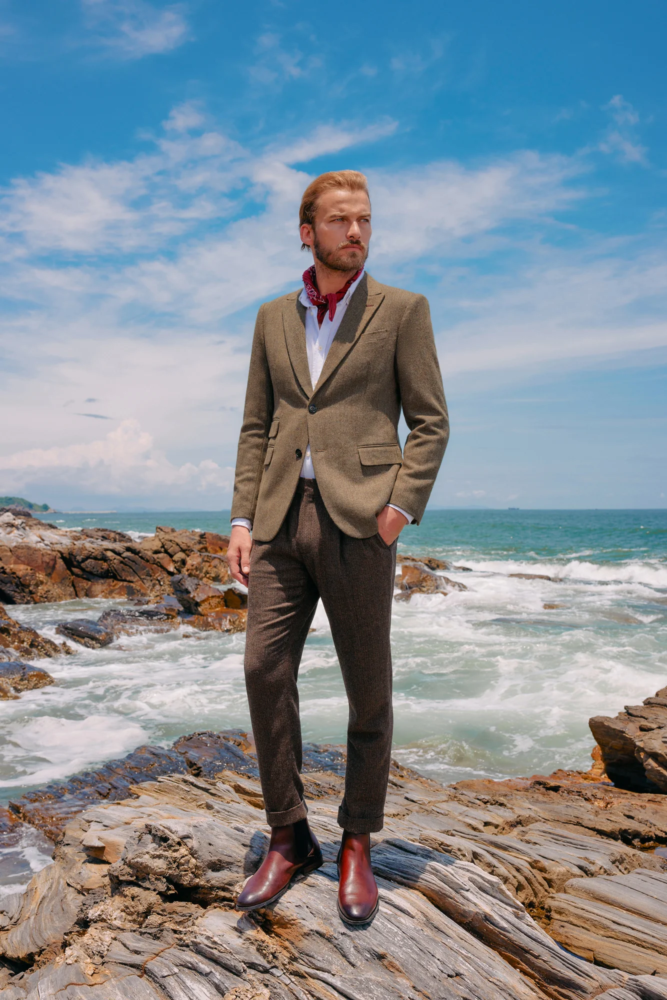 Men's Herringbone Two Button Blazer British Wool Blend Vintage Sport Coats - Image 5