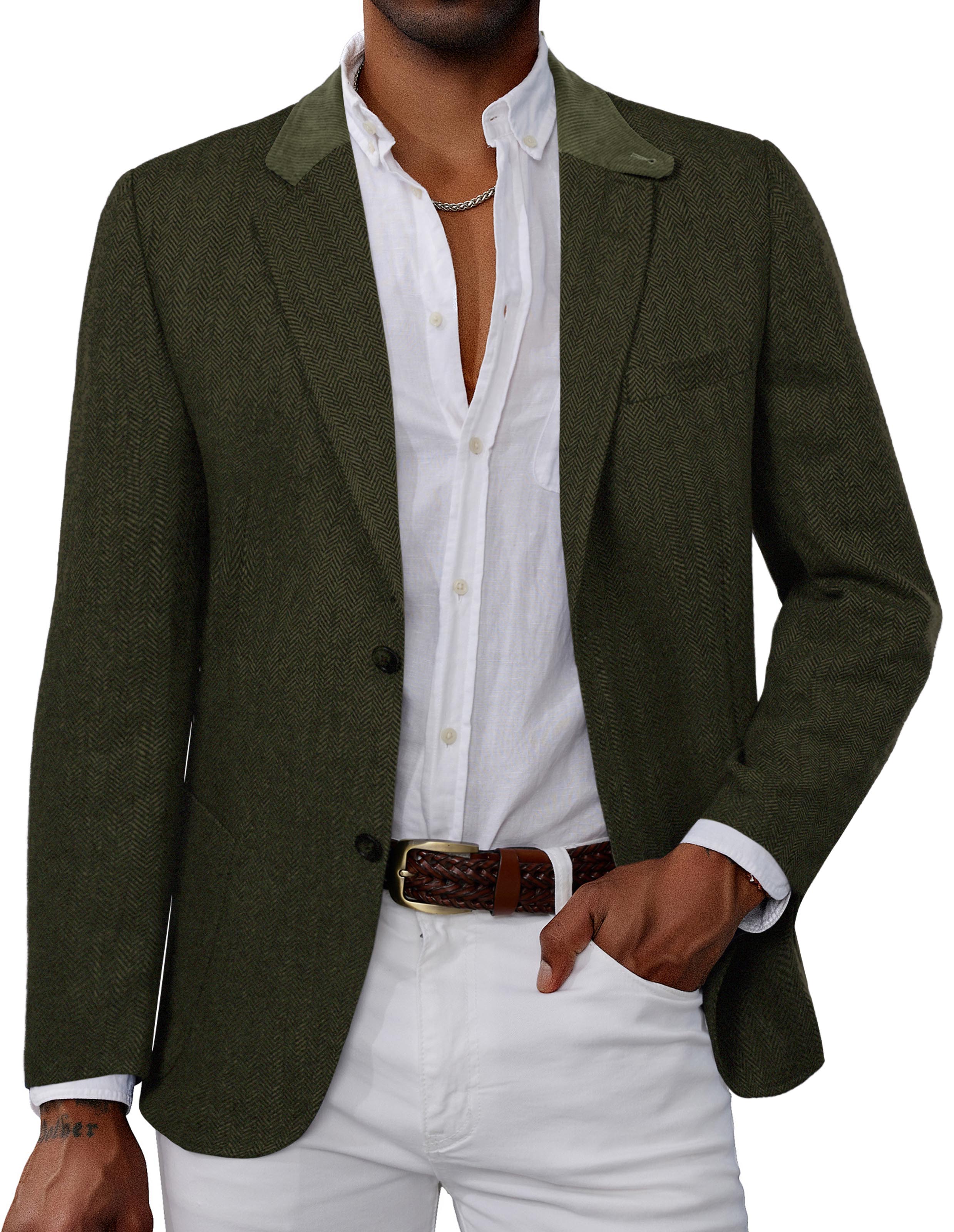 Mens Herringbone Two Button Blazer Vintage Tweed Wool Blend Sport Coat Jacket - Image 10