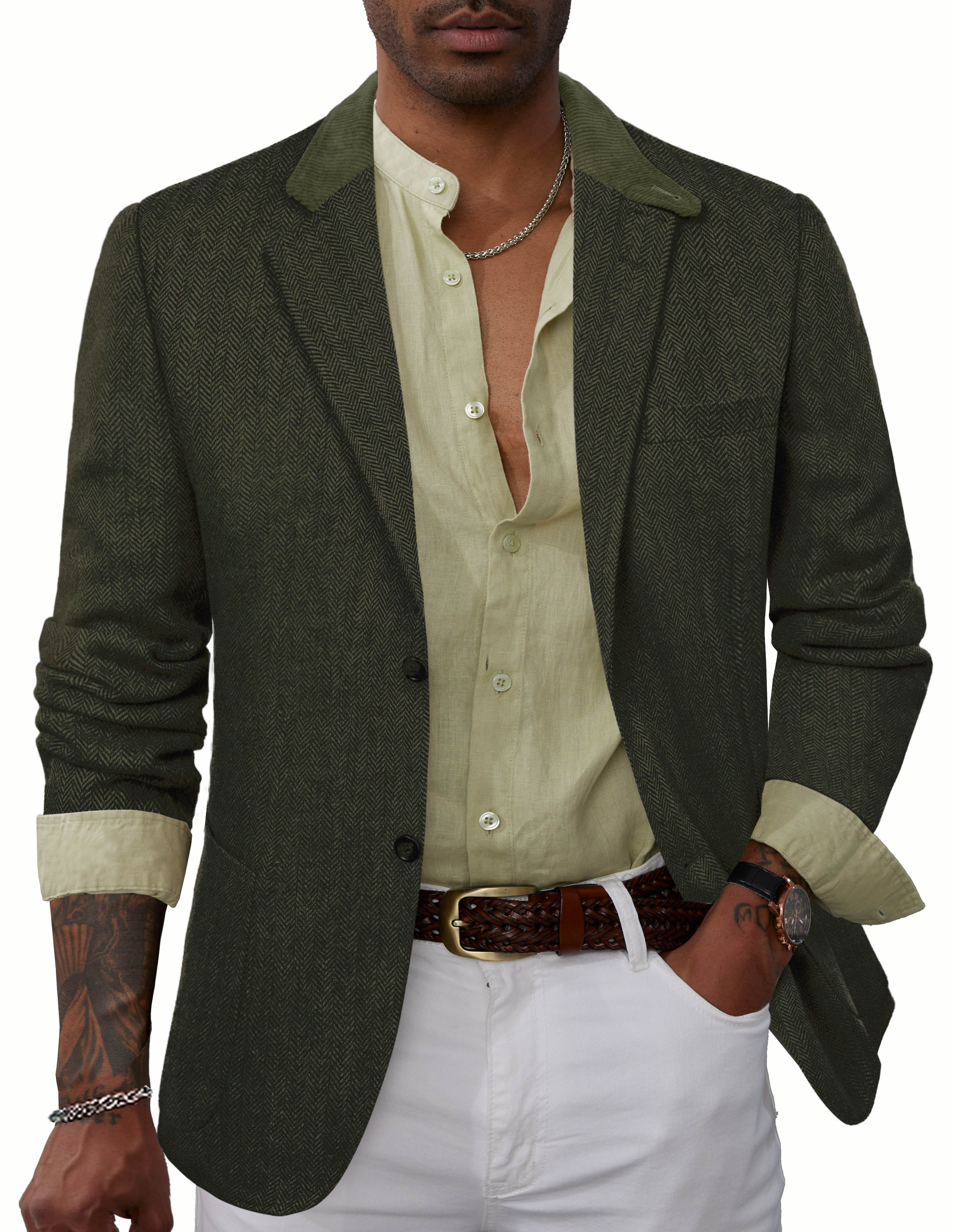 Mens Herringbone Two Button Blazer Vintage Tweed Wool Blend Sport Coat Jacket - Image 11