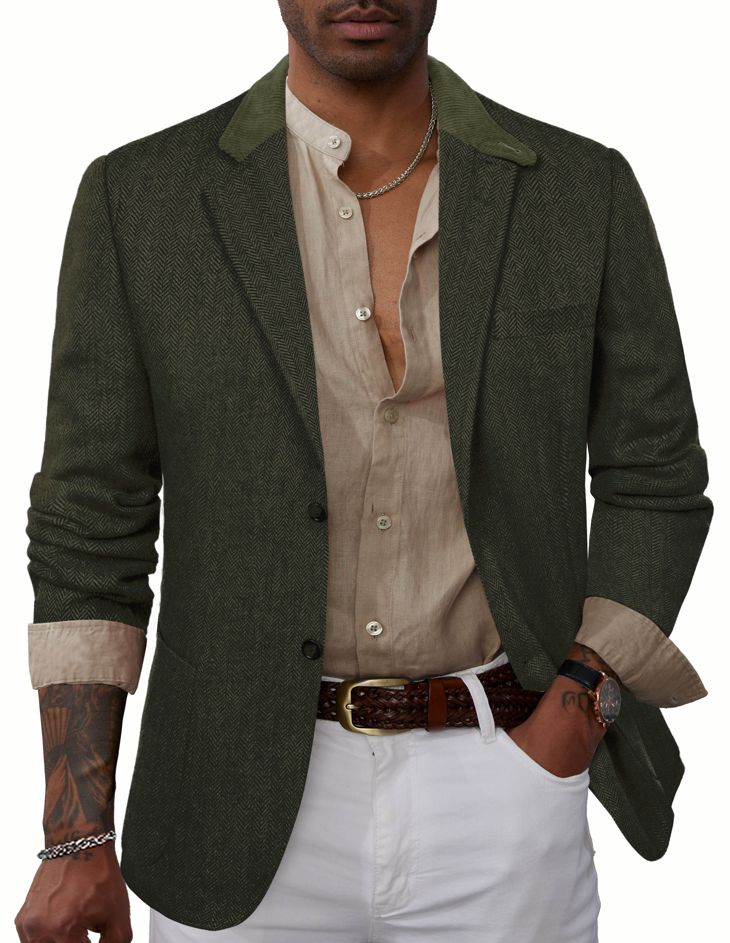 Mens Herringbone Two Button Blazer Vintage Tweed Wool Blend Sport Coat Jacket - Image 12