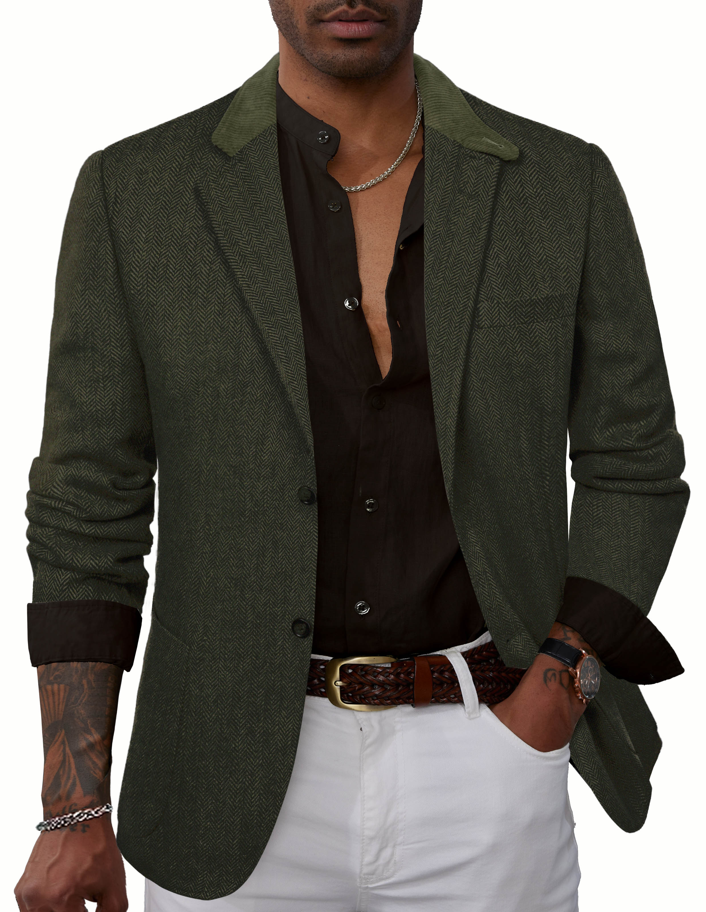 Mens Herringbone Two Button Blazer Vintage Tweed Wool Blend Sport Coat Jacket - Image 13