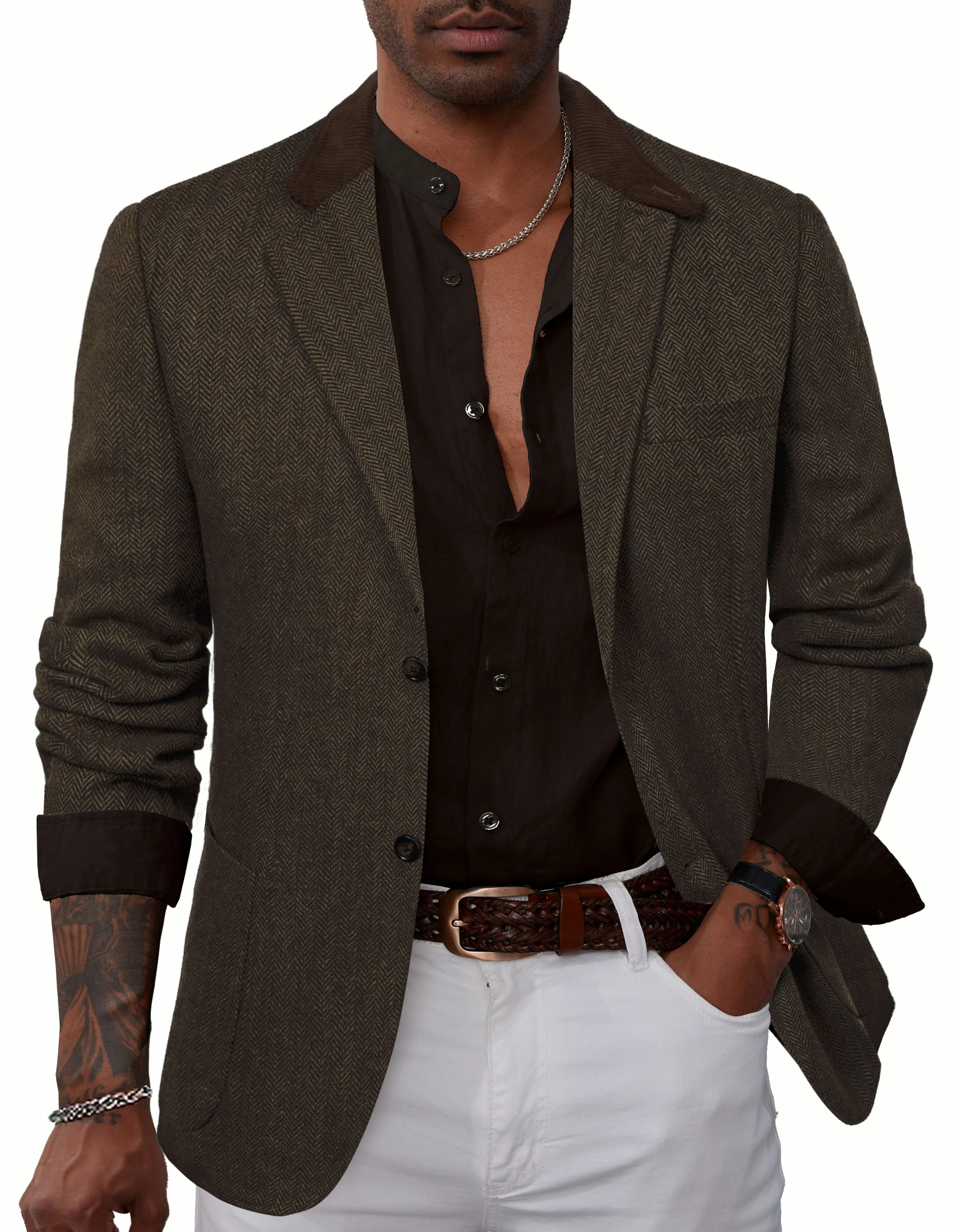 Mens Herringbone Two Button Blazer Vintage Tweed Wool Blend Sport Coat Jacket - Image 16