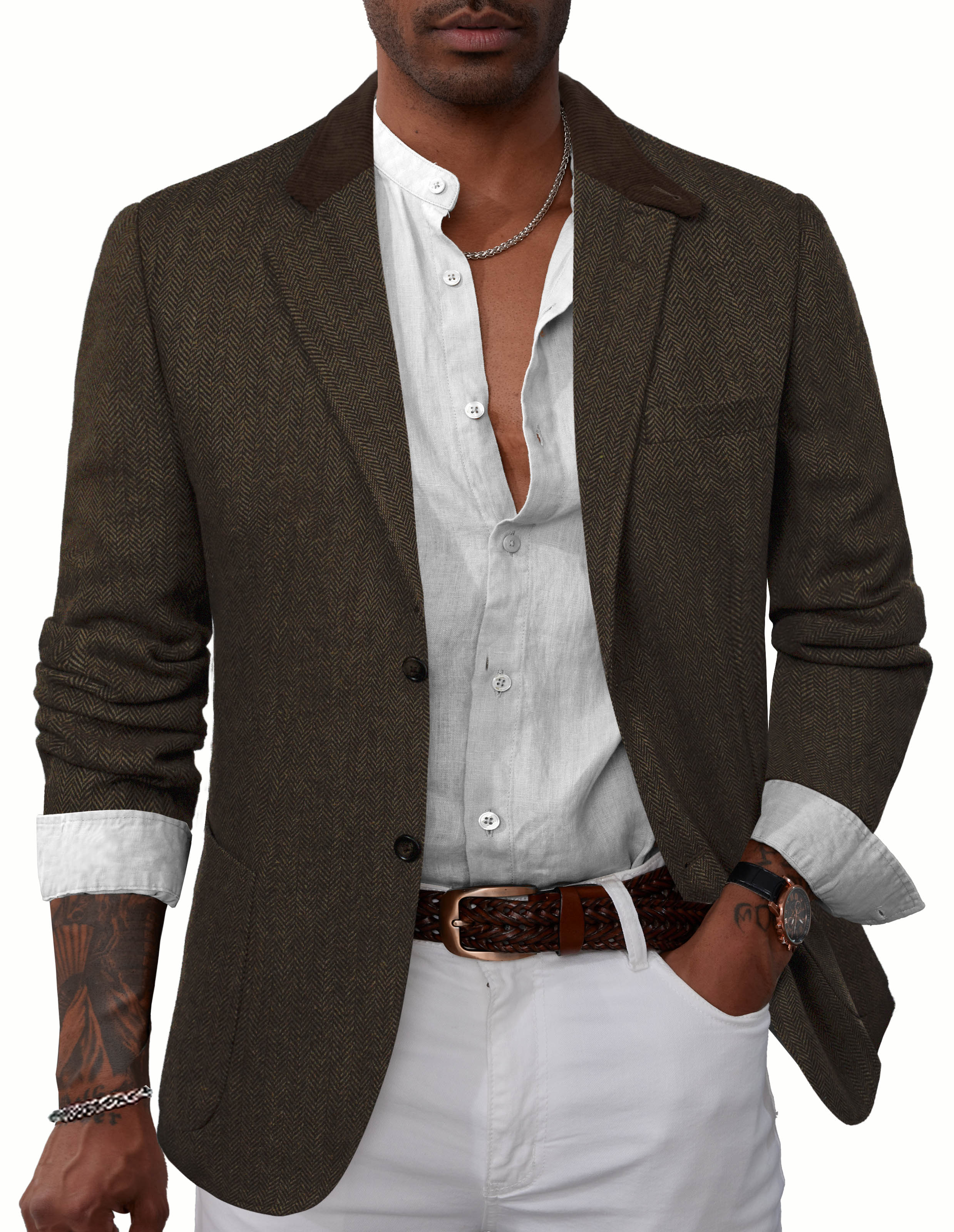 Mens Herringbone Two Button Blazer Vintage Tweed Wool Blend Sport Coat Jacket - Image 17
