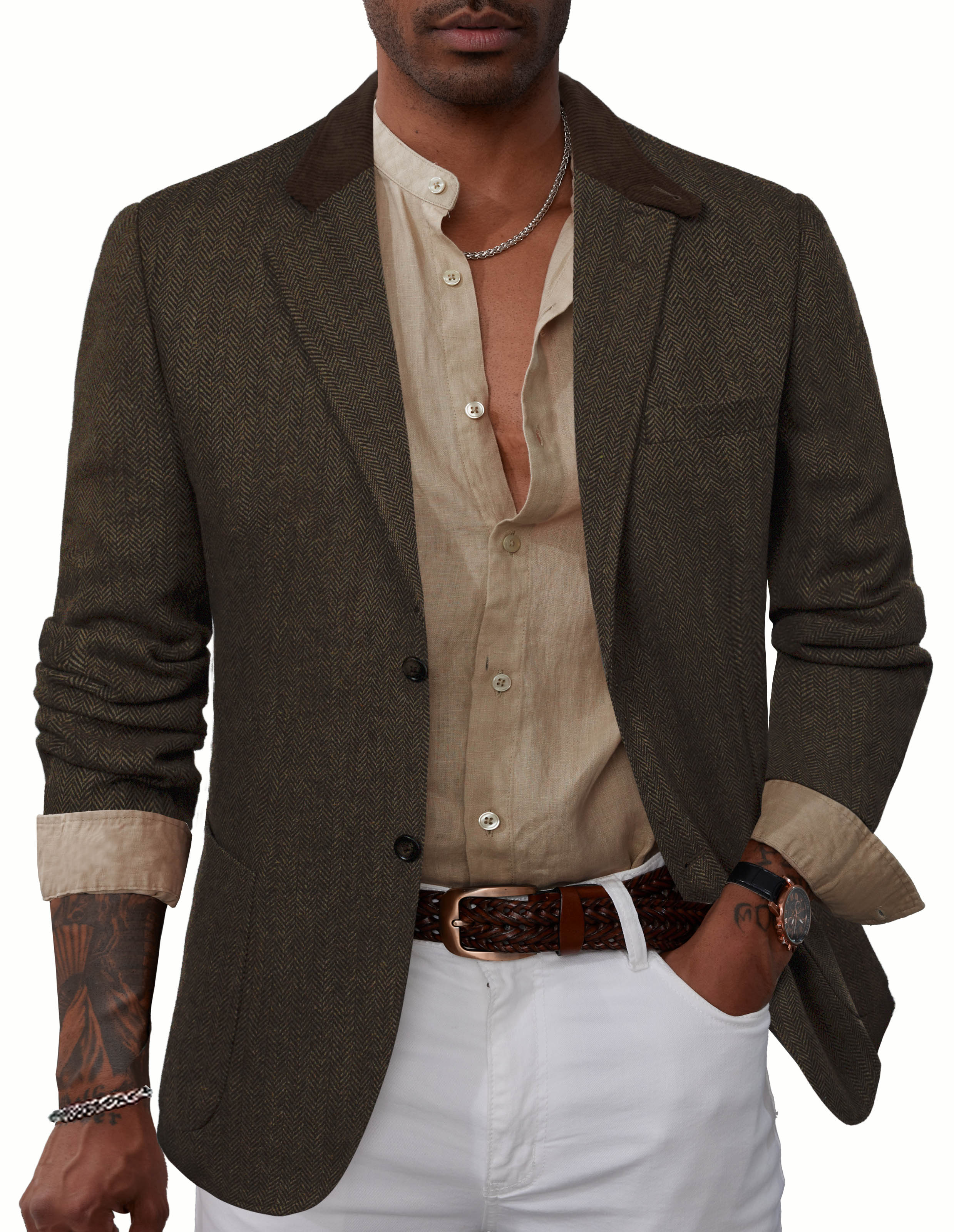 Mens Herringbone Two Button Blazer Vintage Tweed Wool Blend Sport Coat Jacket - Image 18
