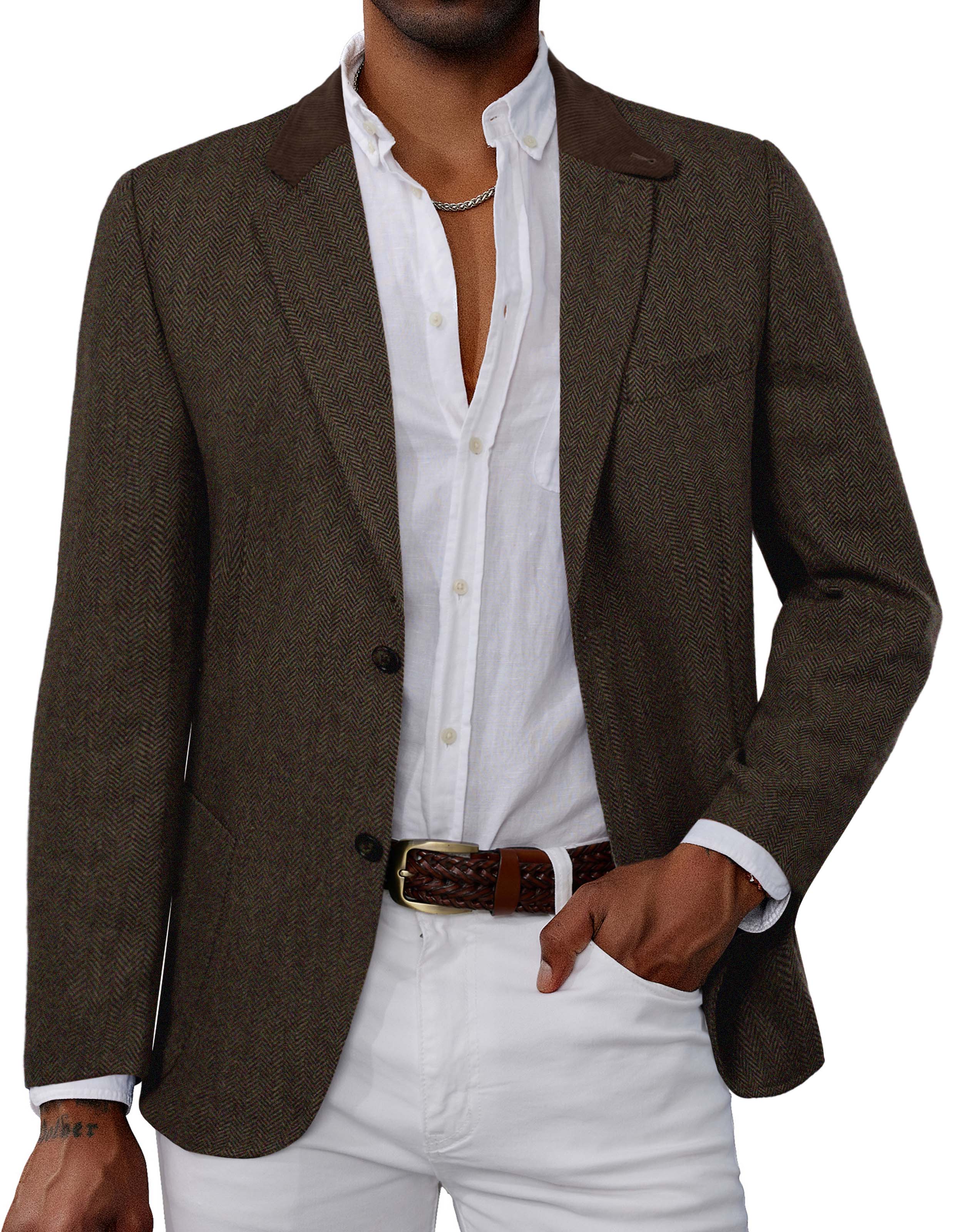 Mens Herringbone Two Button Blazer Vintage Tweed Wool Blend Sport Coat Jacket - Image 19