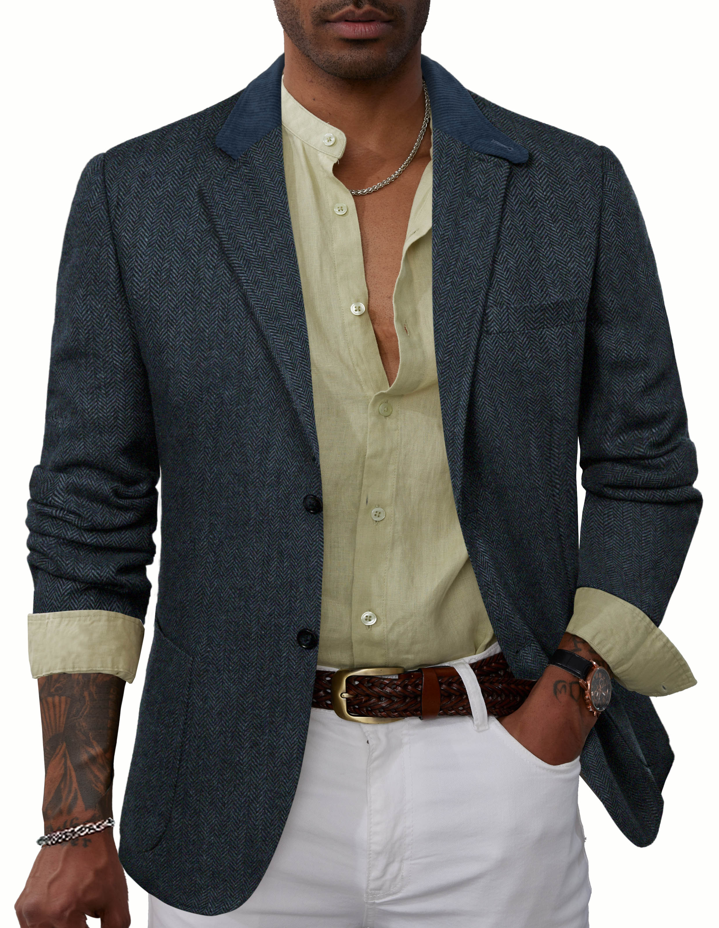 Mens Herringbone Two Button Blazer Vintage Tweed Wool Blend Sport Coat Jacket - Image 22