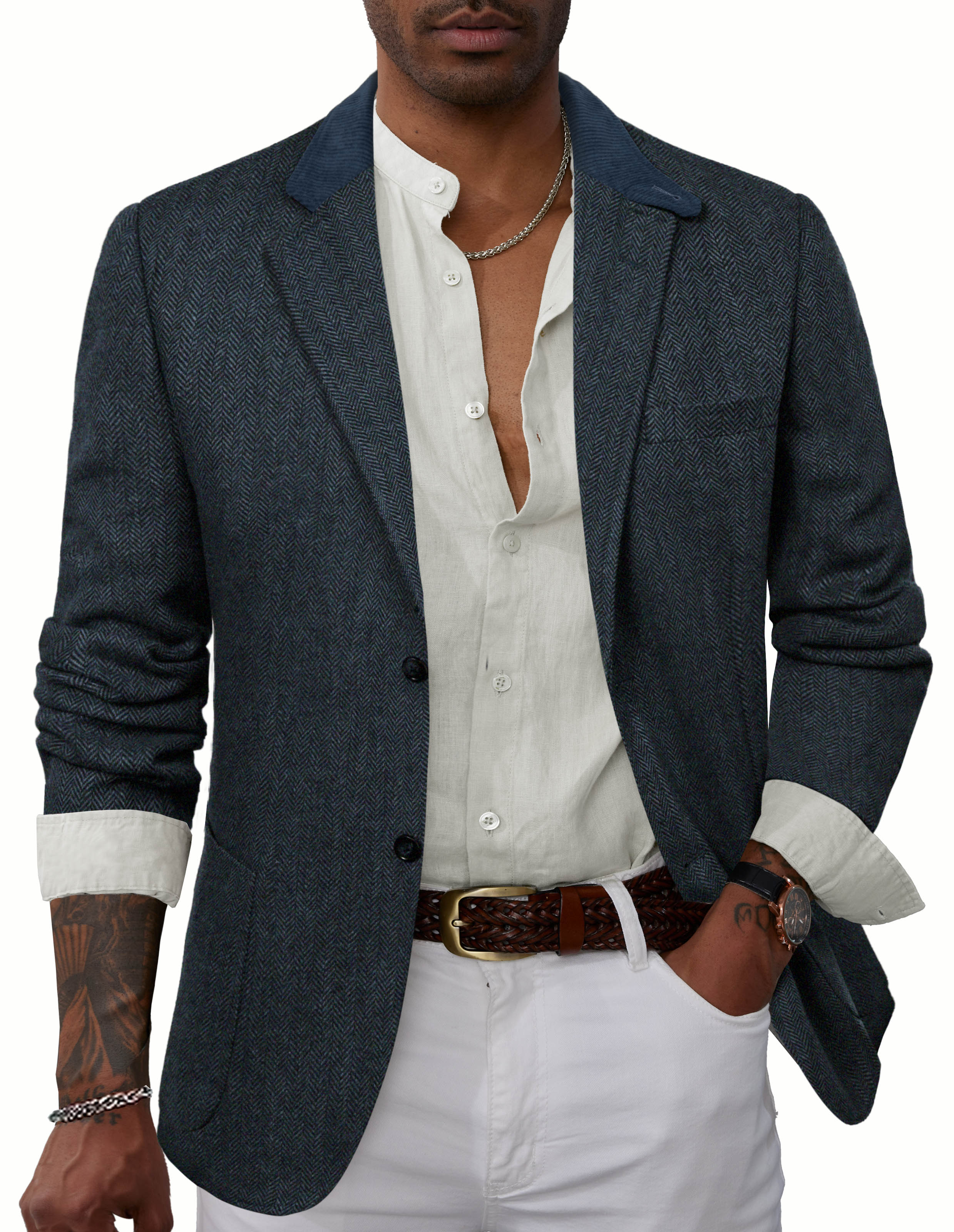 Mens Herringbone Two Button Blazer Vintage Tweed Wool Blend Sport Coat Jacket - Image 24