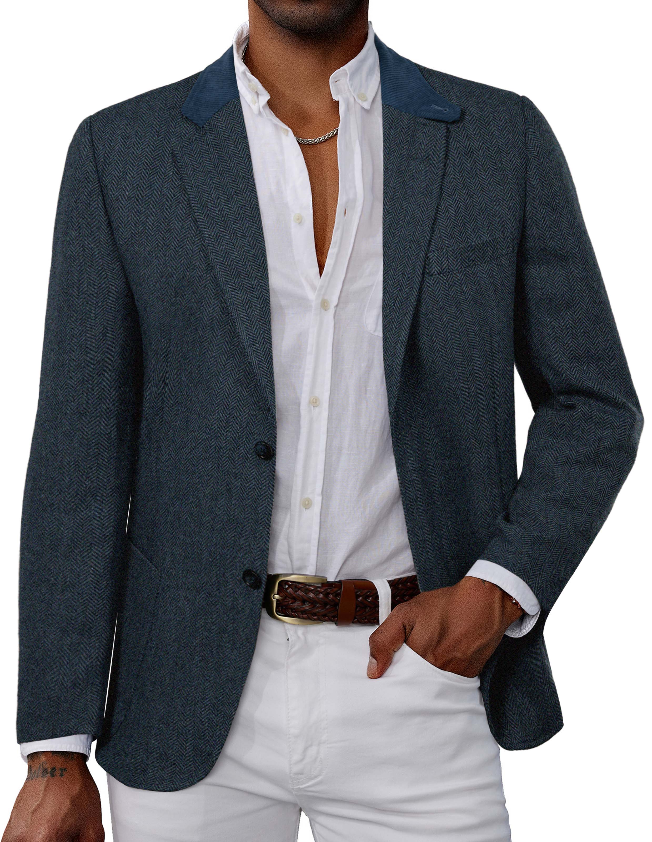 Mens Herringbone Two Button Blazer Vintage Tweed Wool Blend Sport Coat Jacket - Image 25