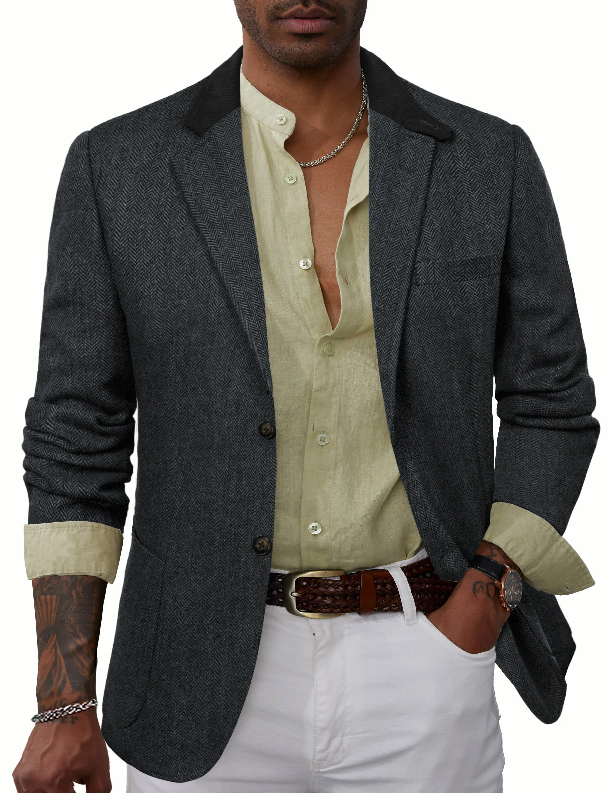 Mens Herringbone Two Button Blazer Vintage Tweed Wool Blend Sport Coat Jacket - Image 28