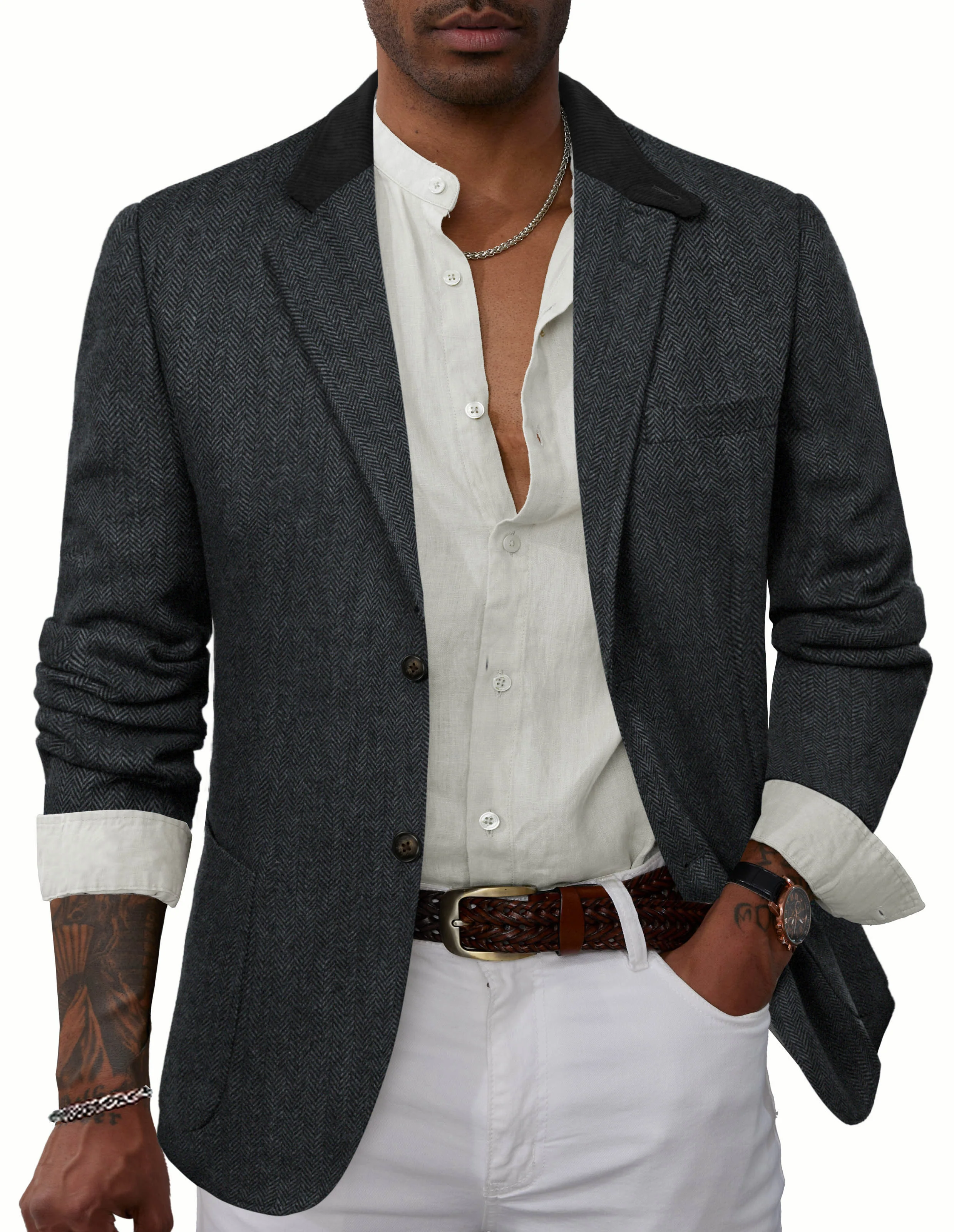 Mens Herringbone Two Button Blazer Vintage Tweed Wool Blend Sport Coat Jacket - Image 29