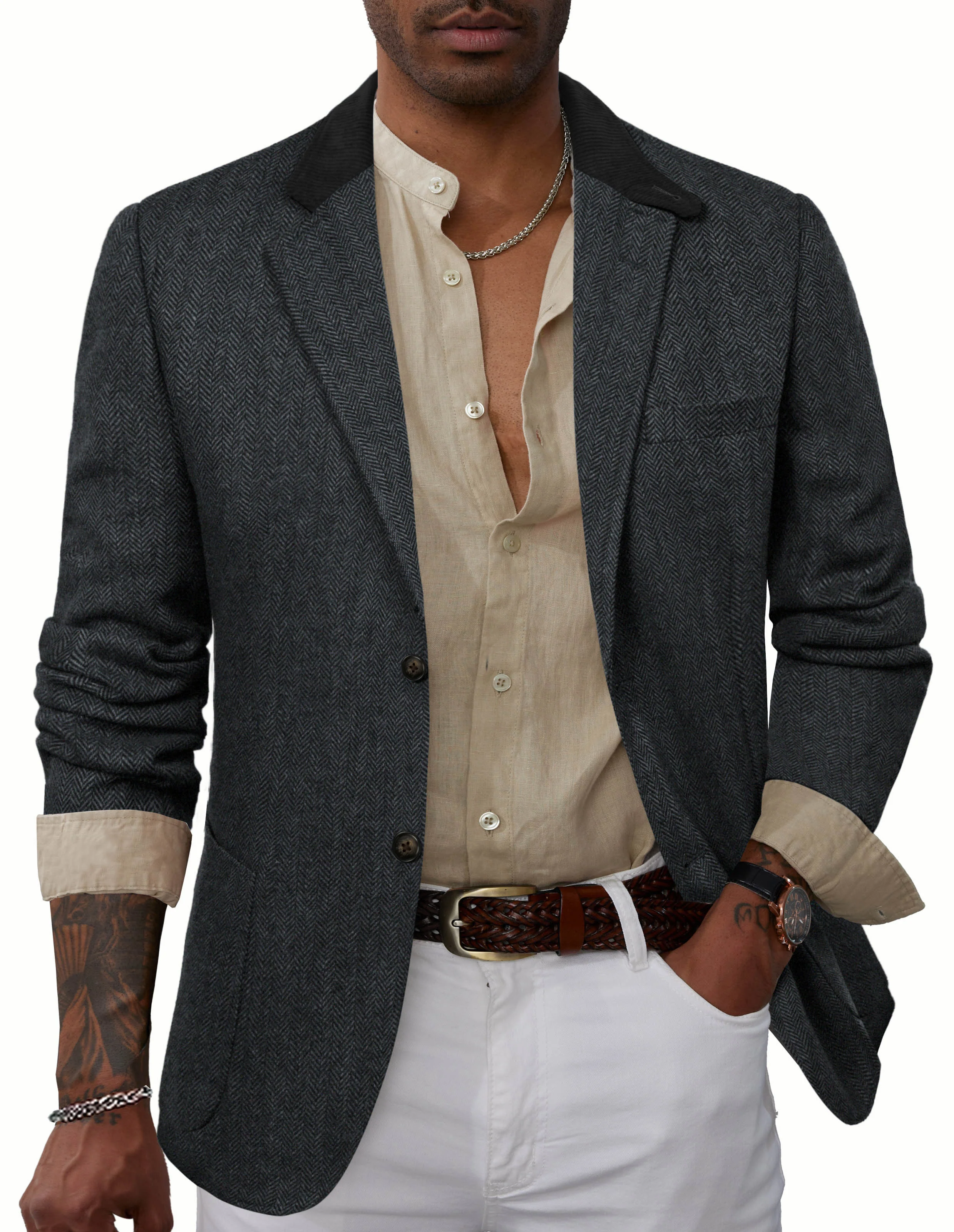 Mens Herringbone Two Button Blazer Vintage Tweed Wool Blend Sport Coat Jacket - Image 30