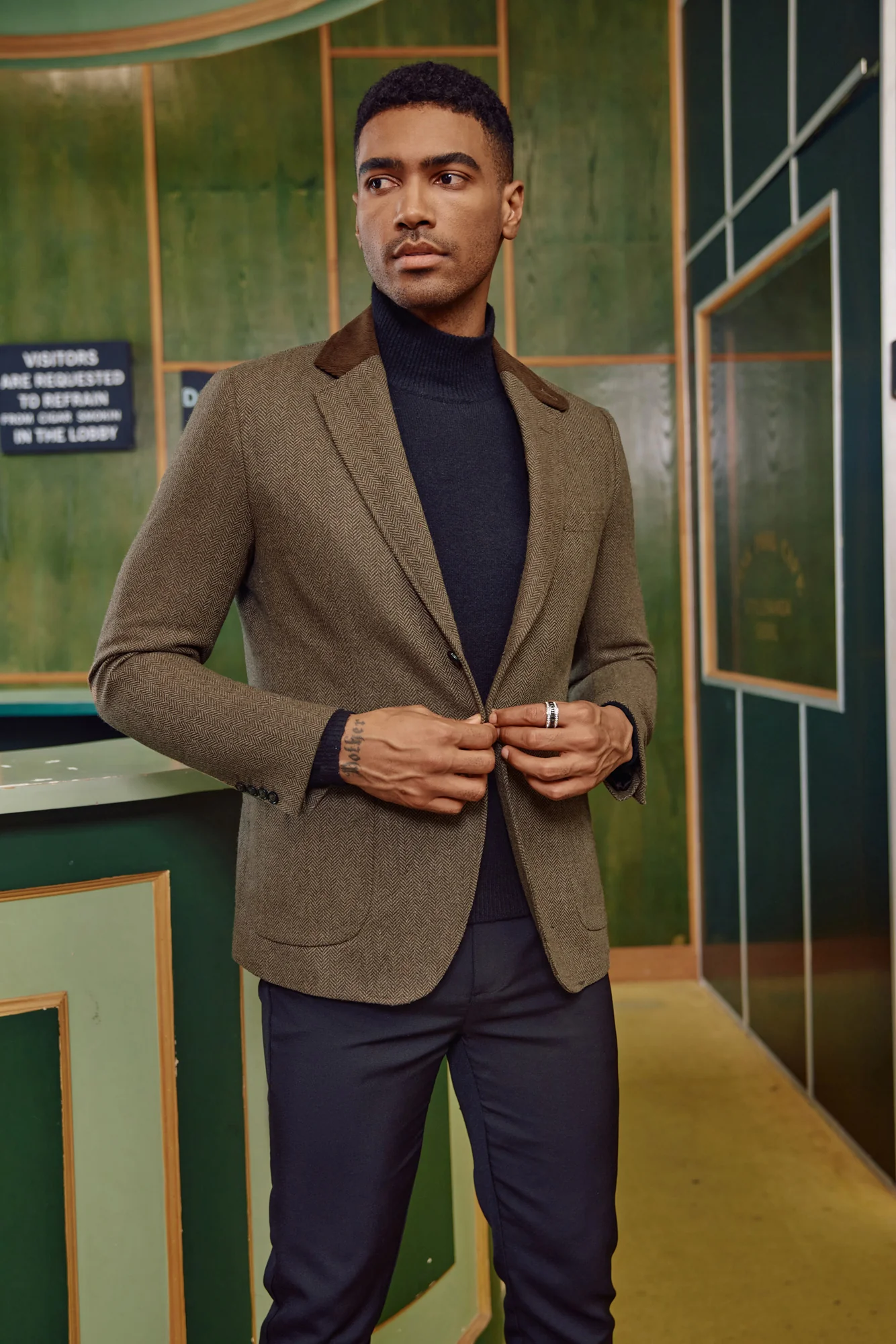 Mens Herringbone Two Button Blazer Vintage Tweed Wool Blend Sport Coat Jacket - Image 5