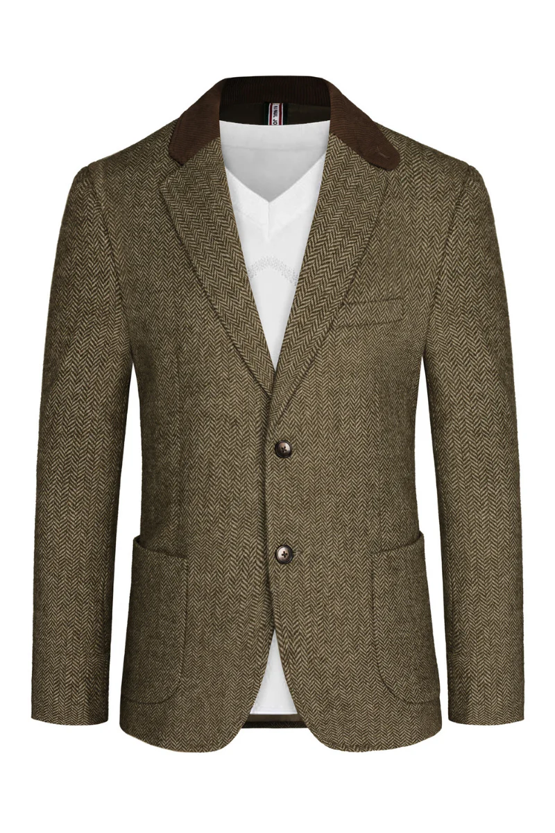 Mens Herringbone Two Button Blazer Vintage Tweed Wool Blend Sport Coat Jacket - Image 52