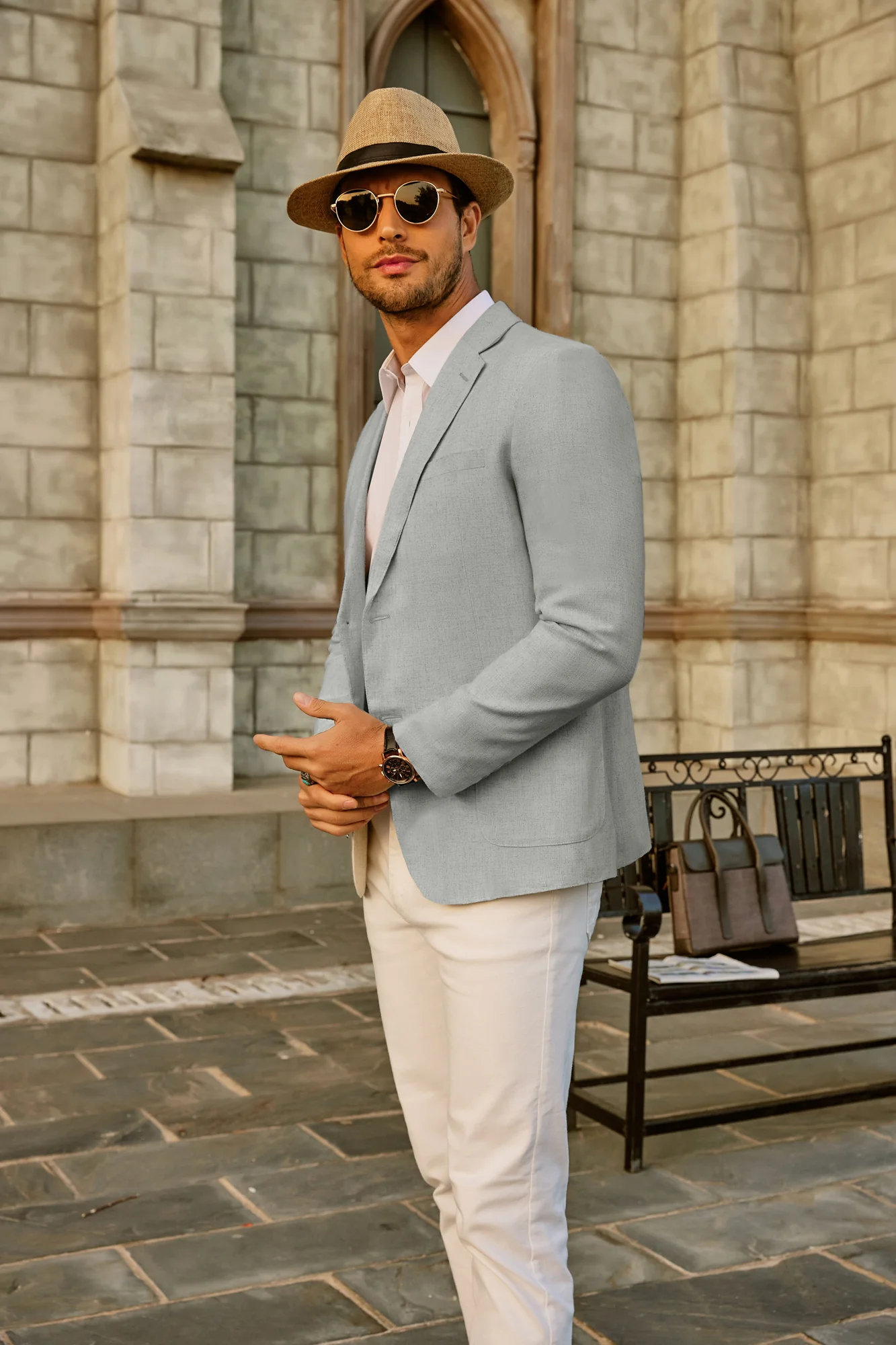 Men's Casual Slim Fit Linen Jacket Lightweight two Buttons Blazer Sport Coat - Image 21