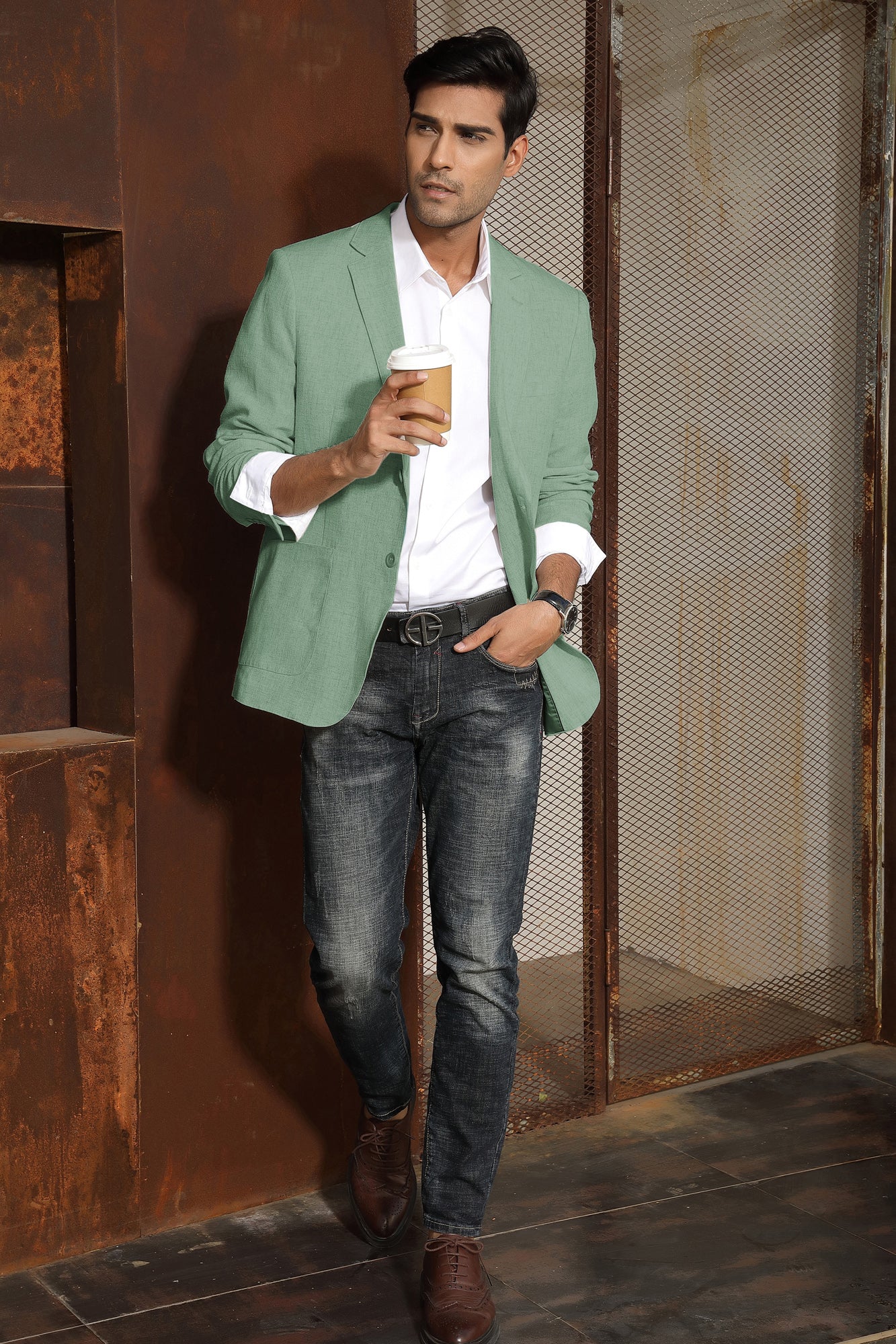 Men's Casual Slim Fit Linen Jacket Lightweight two Buttons Blazer Sport Coat - Image 36