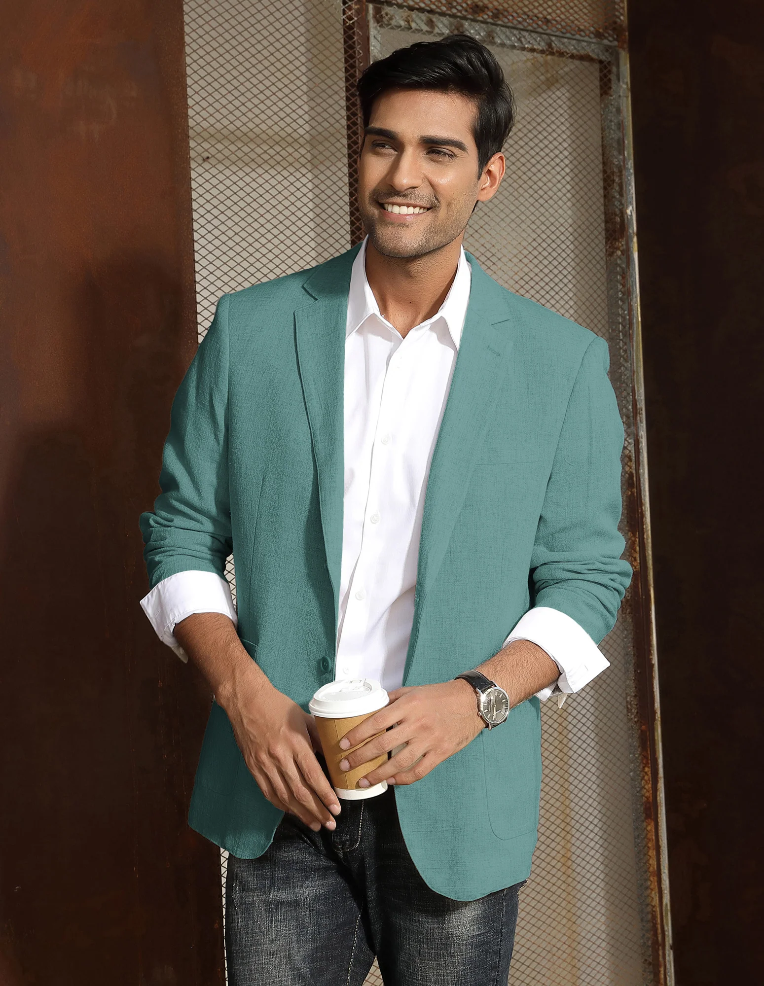 Men's Casual Slim Fit Linen Jacket Lightweight two Buttons Blazer Sport Coat - Image 45