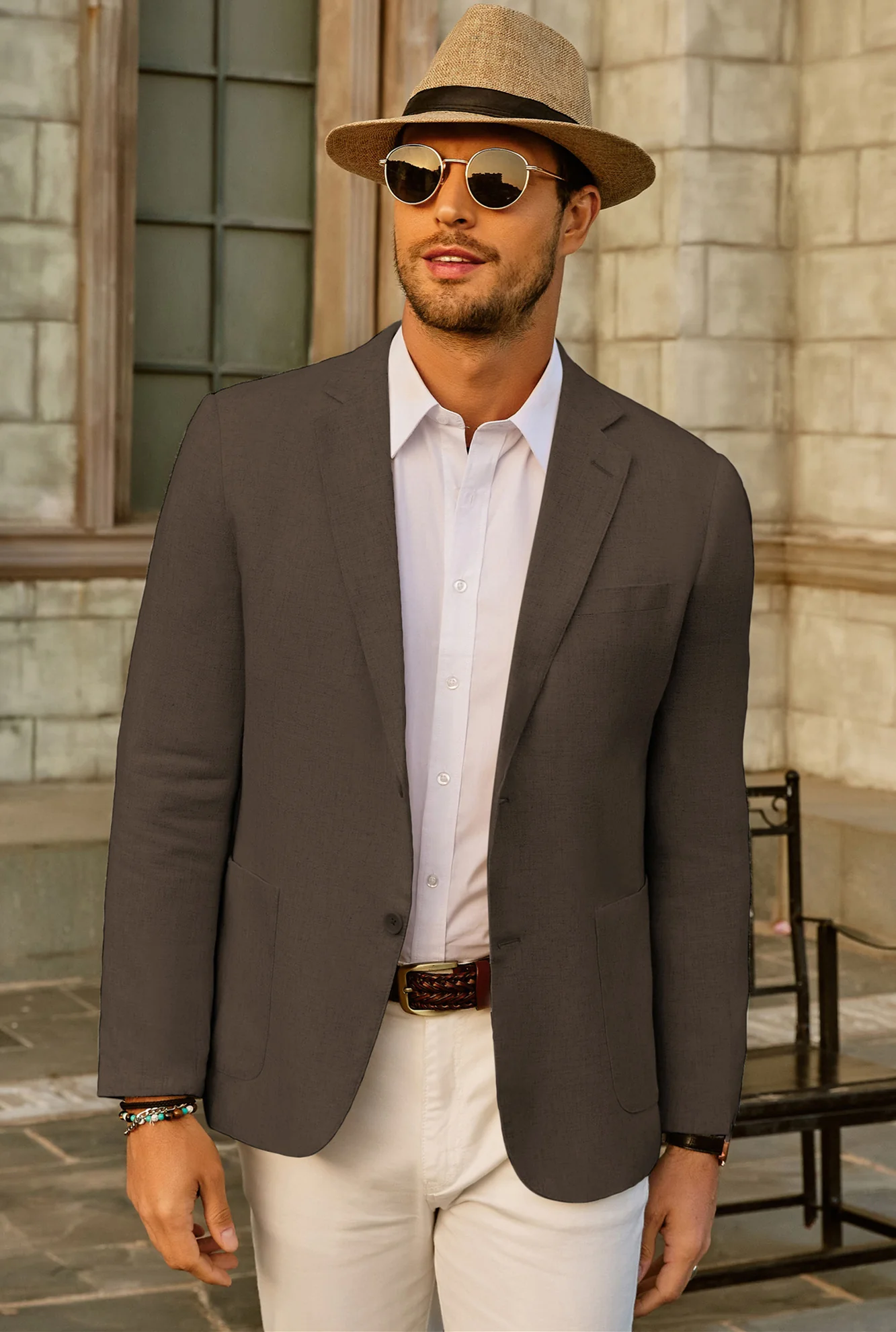 Men's Casual Slim Fit Linen Jacket Lightweight two Buttons Blazer Sport Coat - Image 50