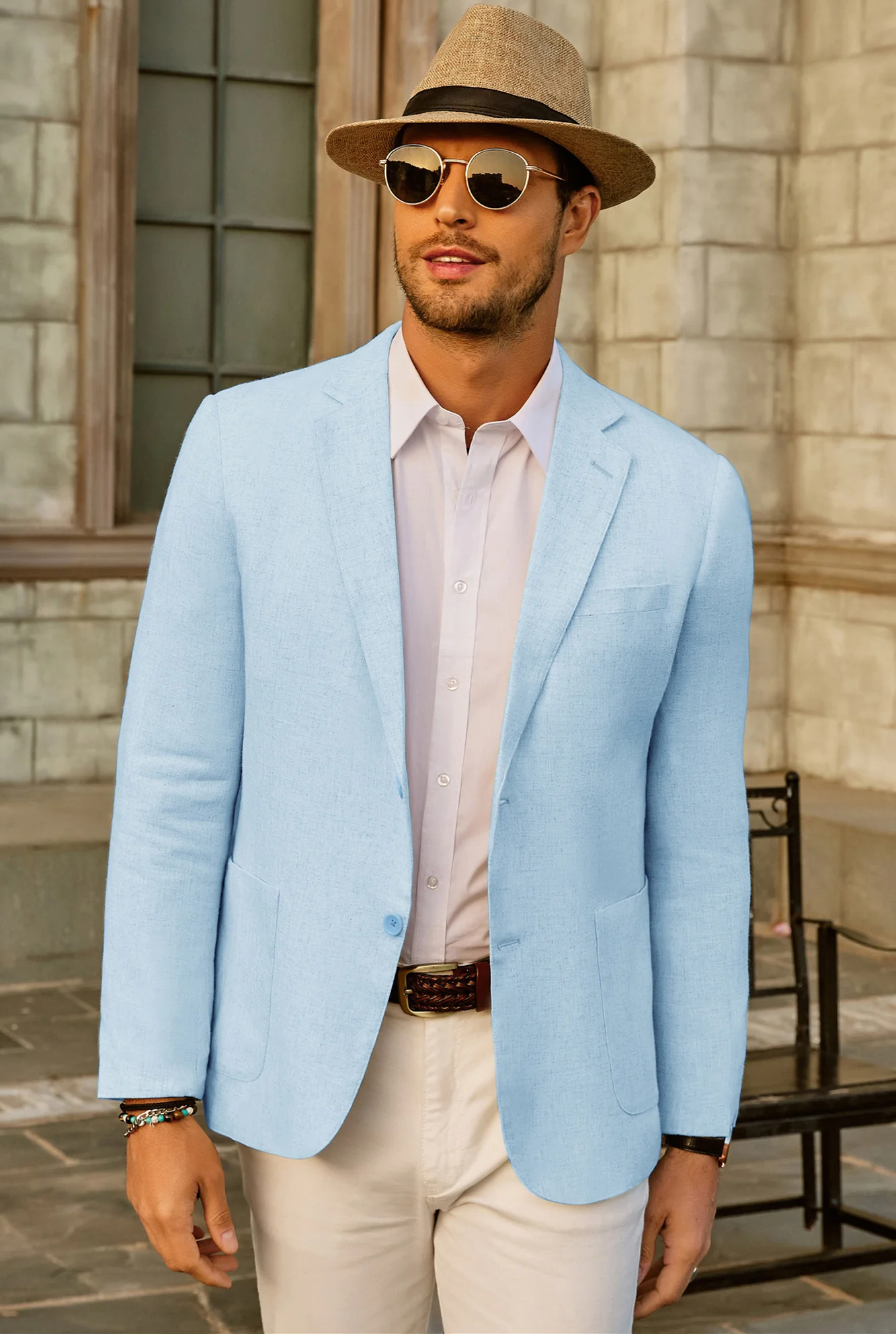 Men's Casual Slim Fit Linen Jacket Lightweight two Buttons Blazer Sport Coat - Image 56