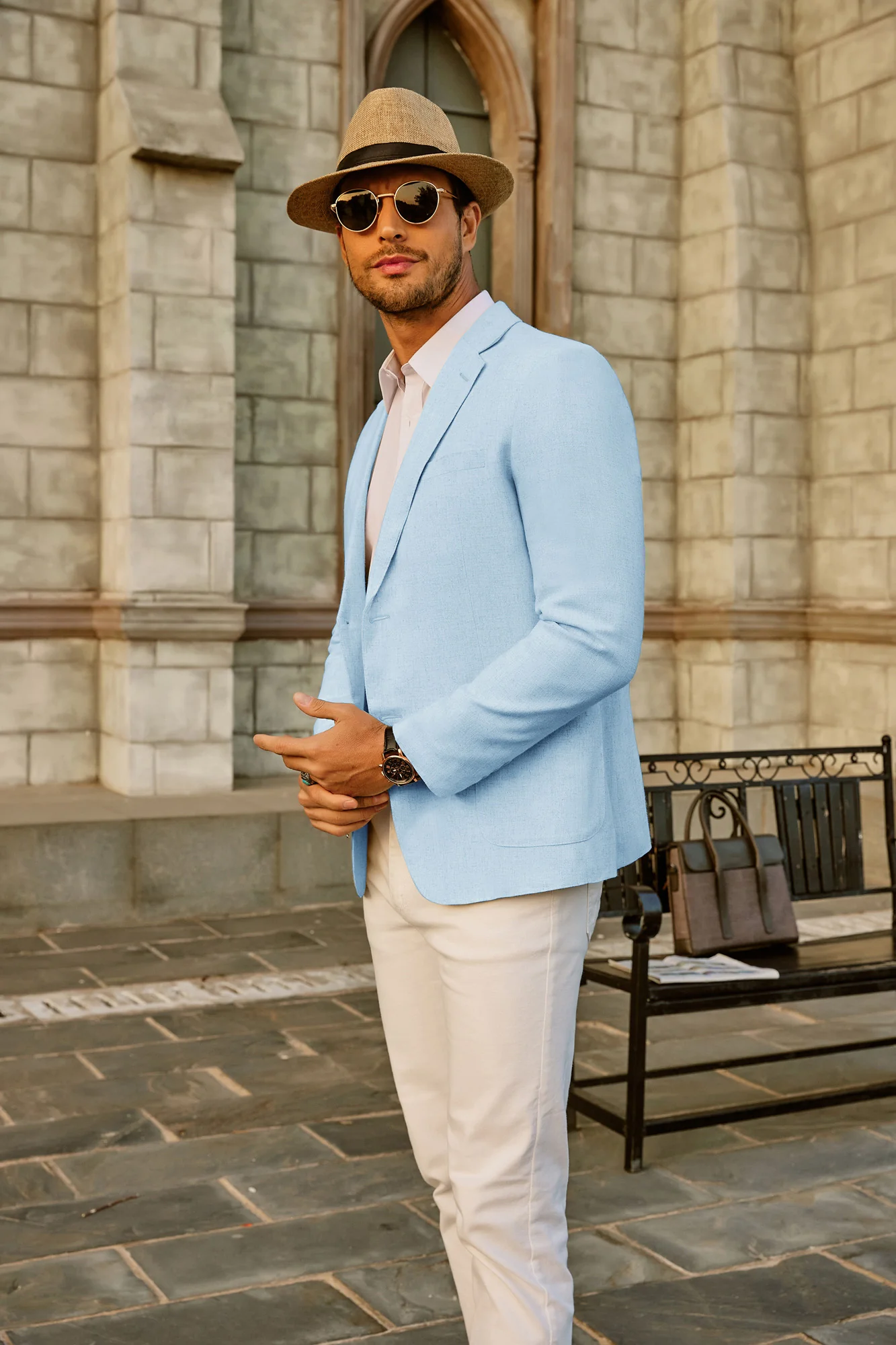 Men's Casual Slim Fit Linen Jacket Lightweight two Buttons Blazer Sport Coat - Image 58