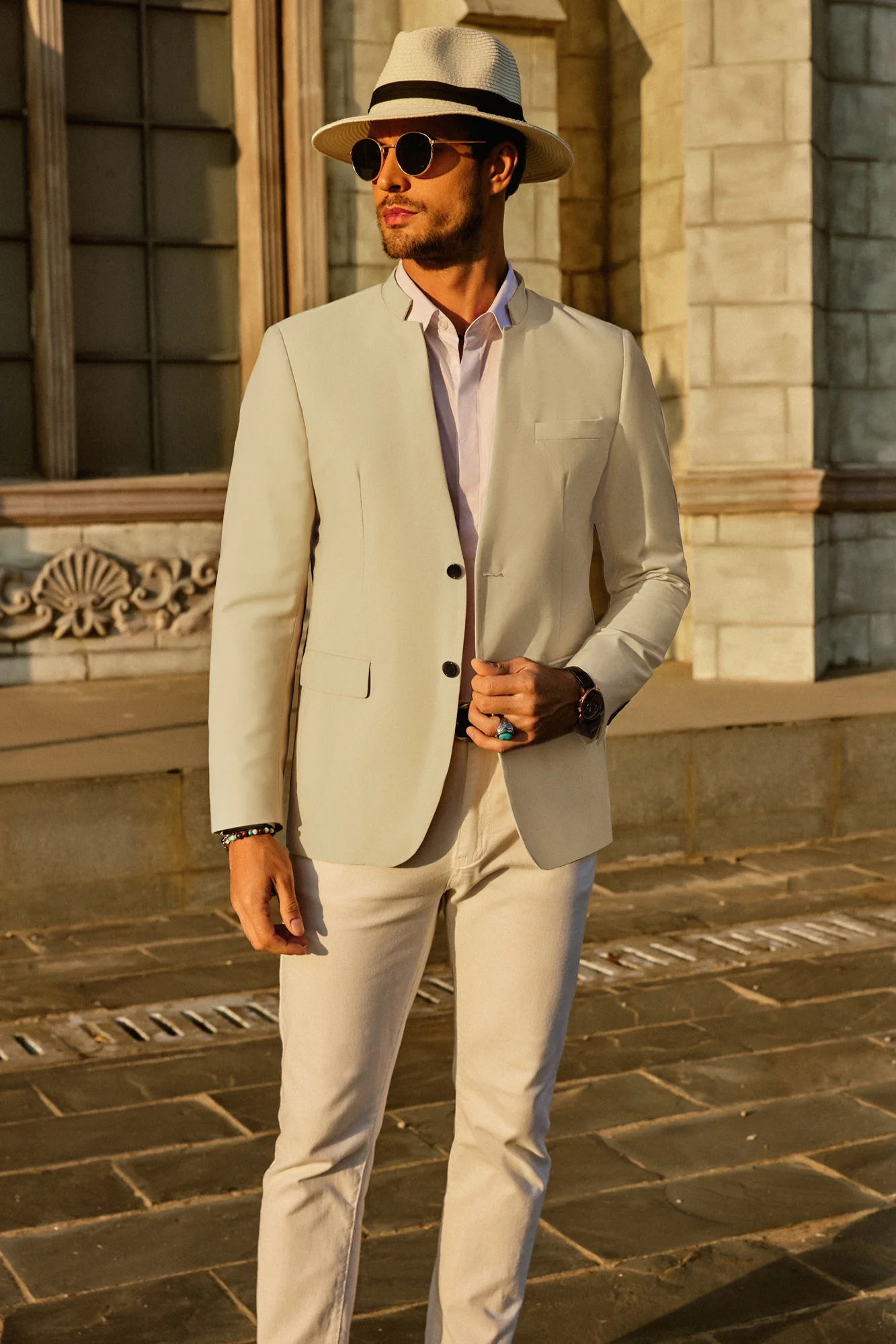 Mens Casual Suit Two Button Blazer Jackets Stand Mandarin Collar Sport Coat - Image 13