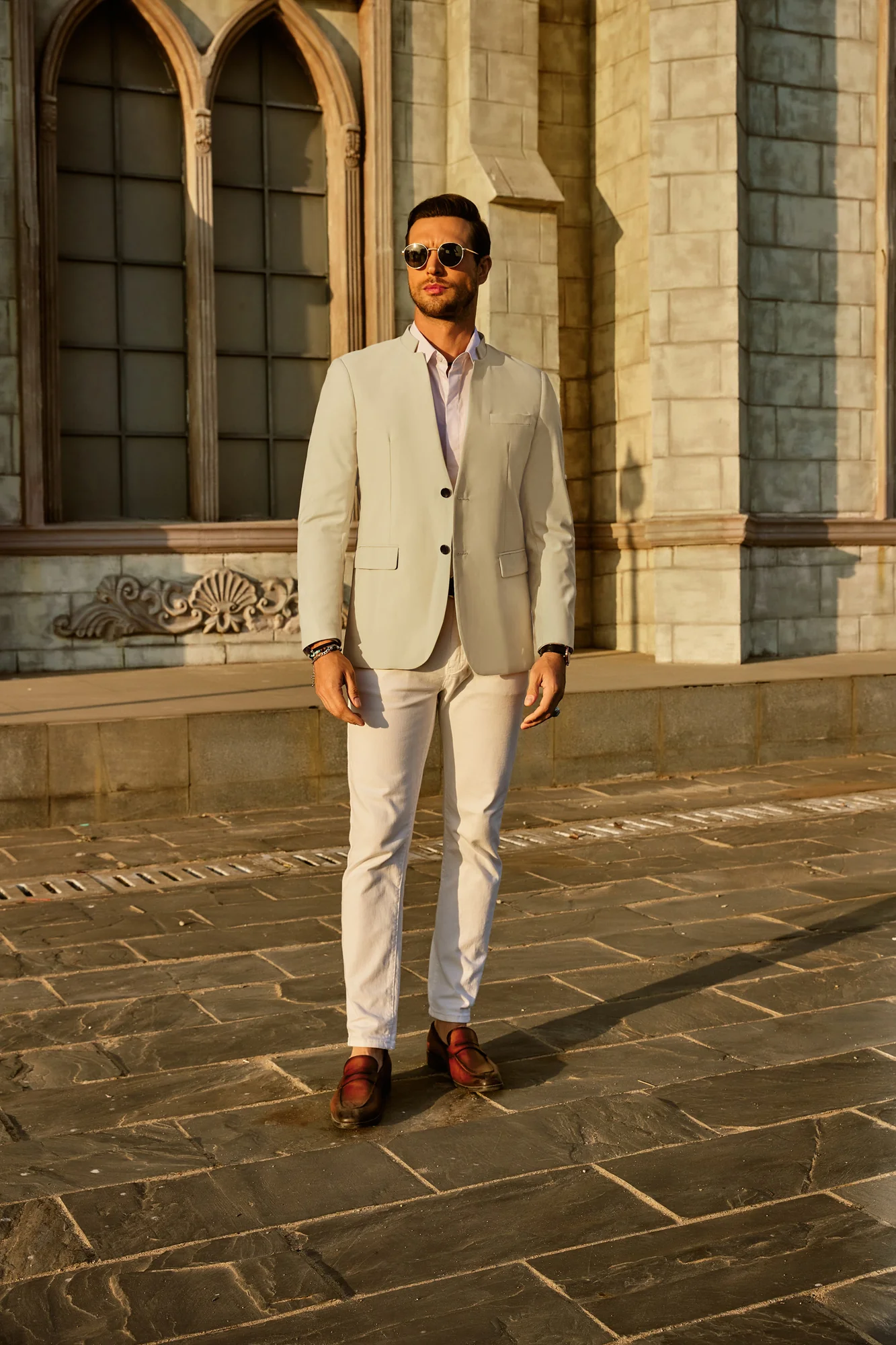 Mens Casual Suit Two Button Blazer Jackets Stand Mandarin Collar Sport Coat - Image 14