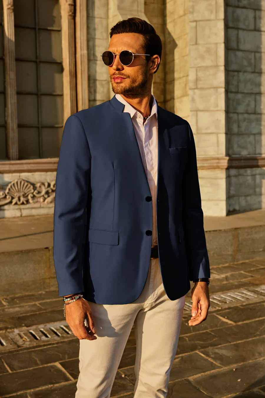 Mens Casual Suit Two Button Blazer Jackets Stand Mandarin Collar Sport Coat - Image 5