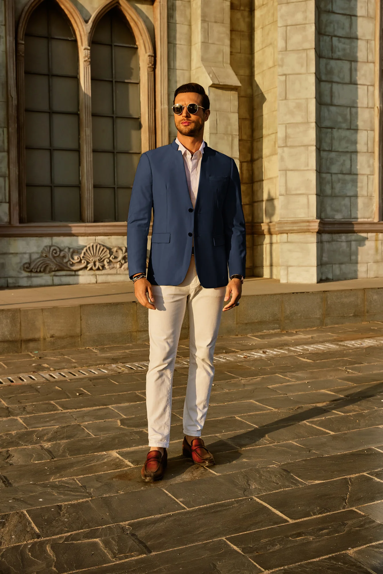 Mens Casual Suit Two Button Blazer Jackets Stand Mandarin Collar Sport Coat - Image 9