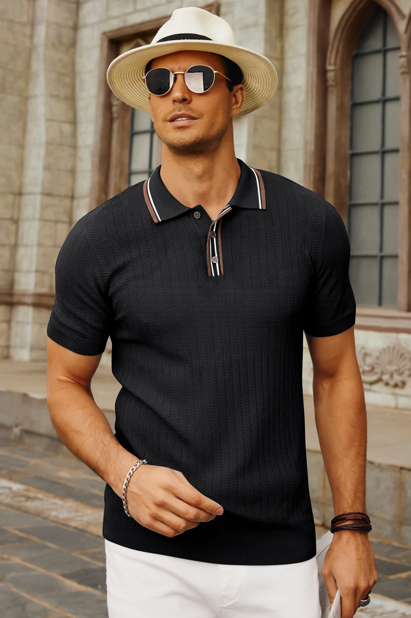 Mens Knitted Polo Shirts Short Sleeve Textured Pullover Golf Polo Pullover T Shirts - Image 10