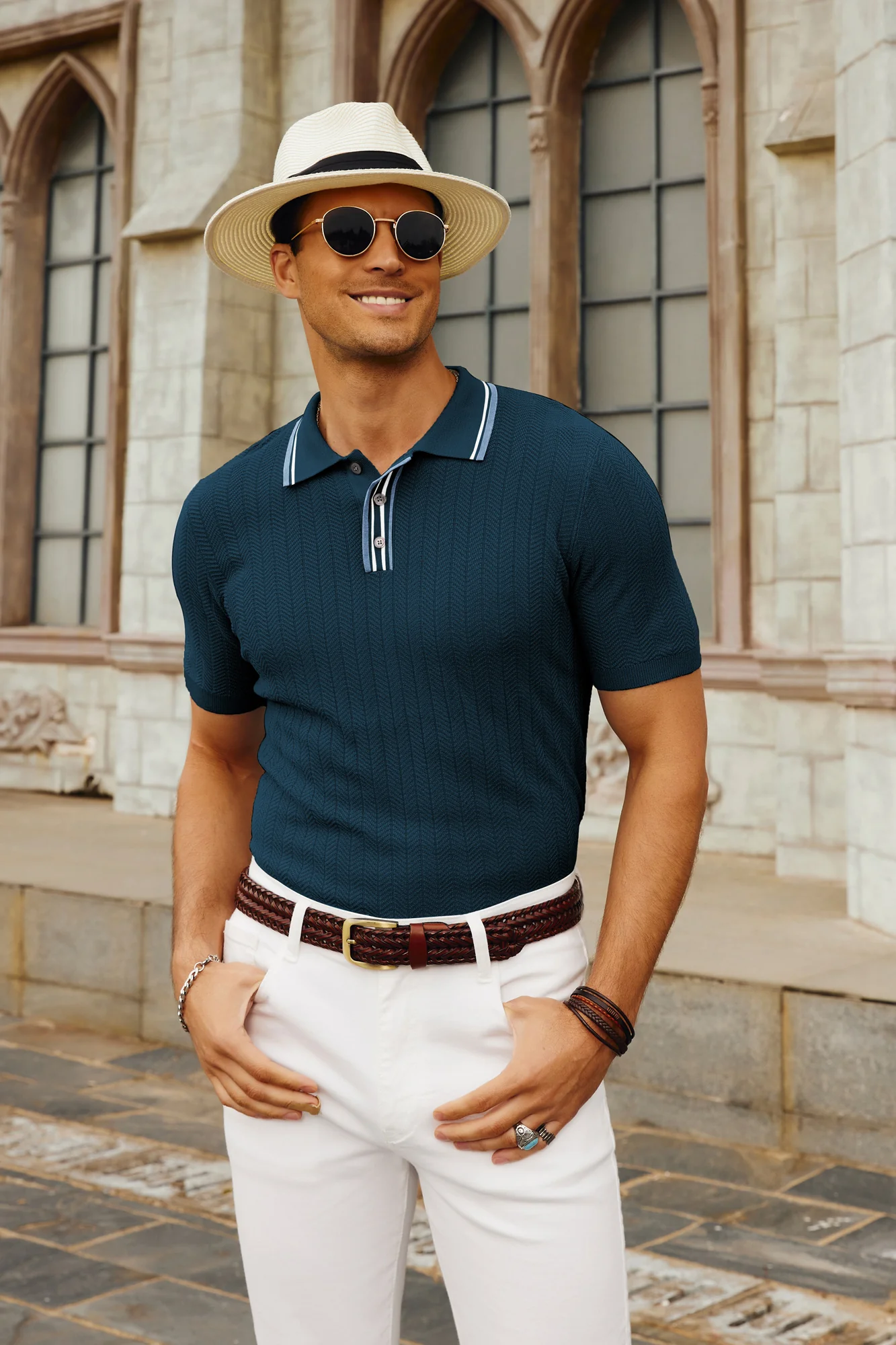 Mens Knitted Polo Shirts Short Sleeve Textured Pullover Golf Polo Pullover T Shirts - Image 21