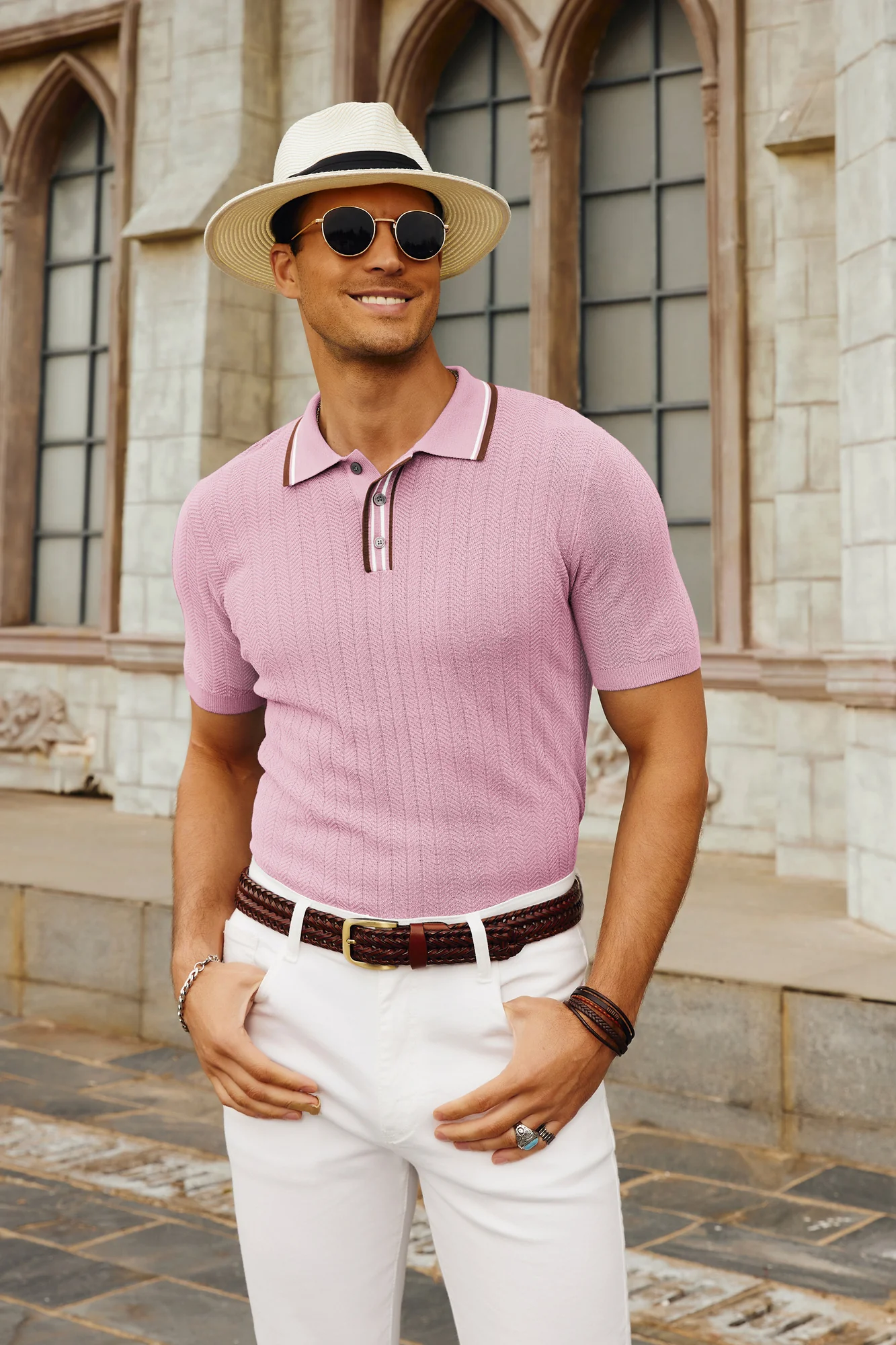 Mens Knitted Polo Shirts Short Sleeve Textured Pullover Golf Polo Pullover T Shirts - Image 30