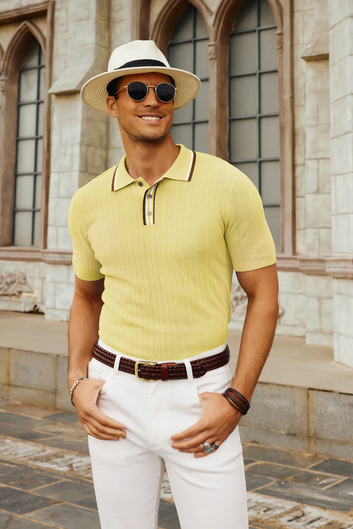 Mens Knitted Polo Shirts Short Sleeve Textured Pullover Golf Polo Pullover T Shirts - Image 35