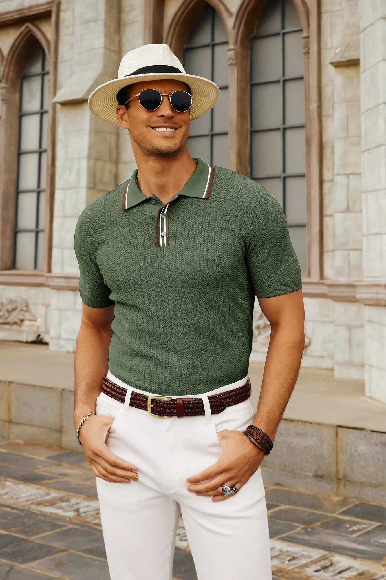 Mens Knitted Polo Shirts Short Sleeve Textured Pullover Golf Polo Pullover T Shirts - Image 40
