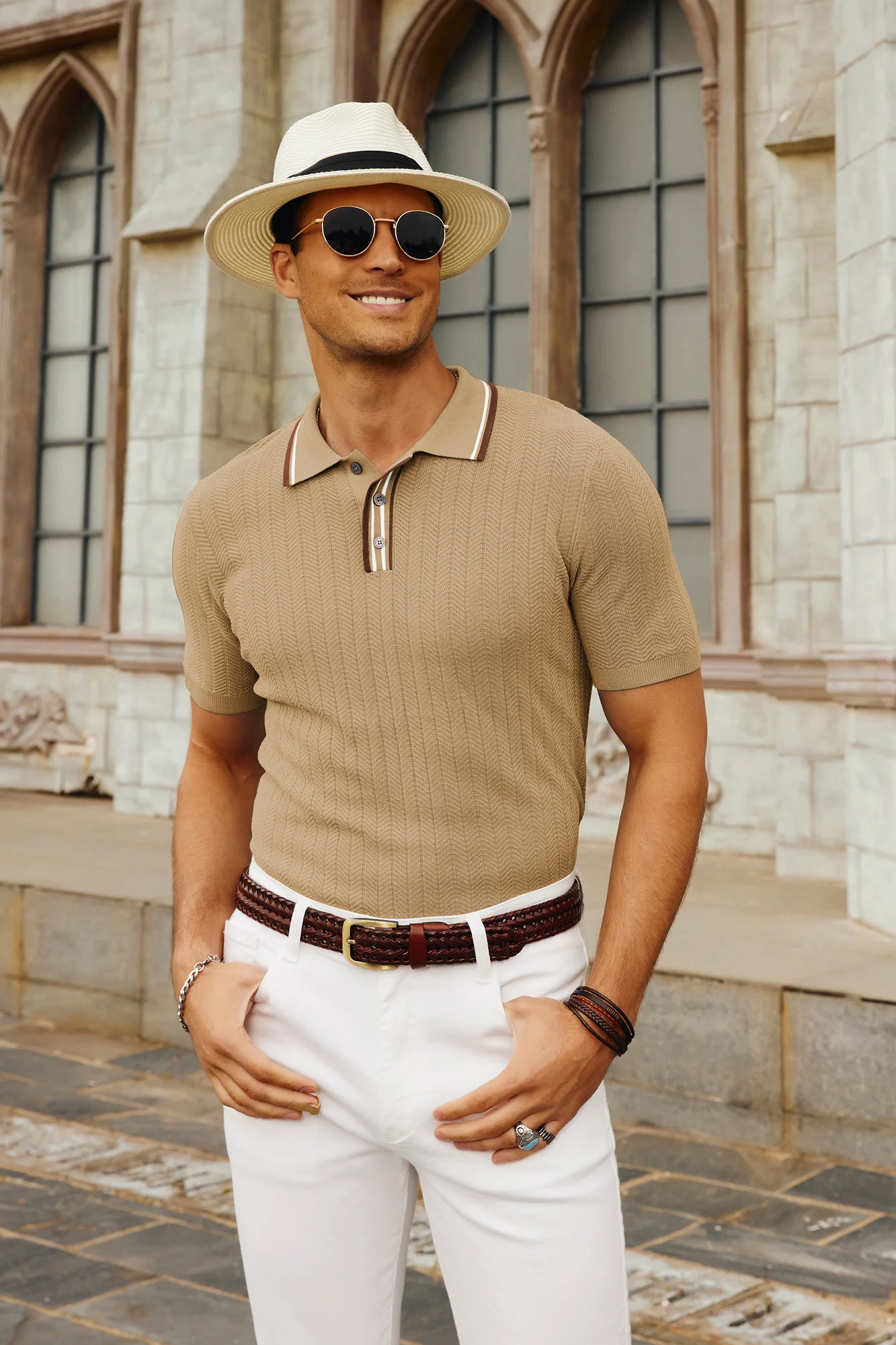 Mens Knitted Polo Shirts Short Sleeve Textured Pullover Golf Polo Pullover T Shirts - Image 45