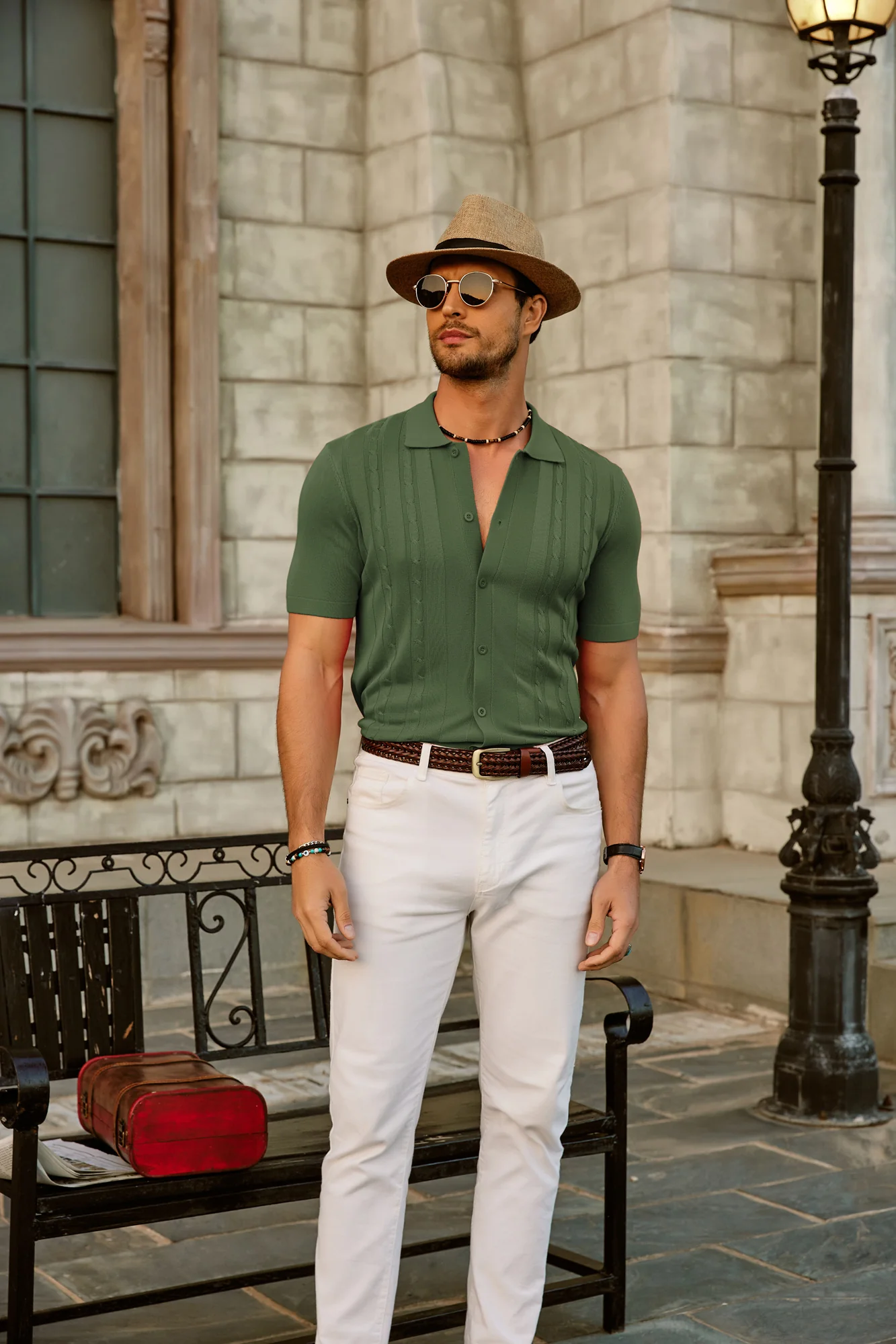 Mens Polo Shirts Vintage Striped Button Down Knitted Golf Cardigans Shirts - Image 11