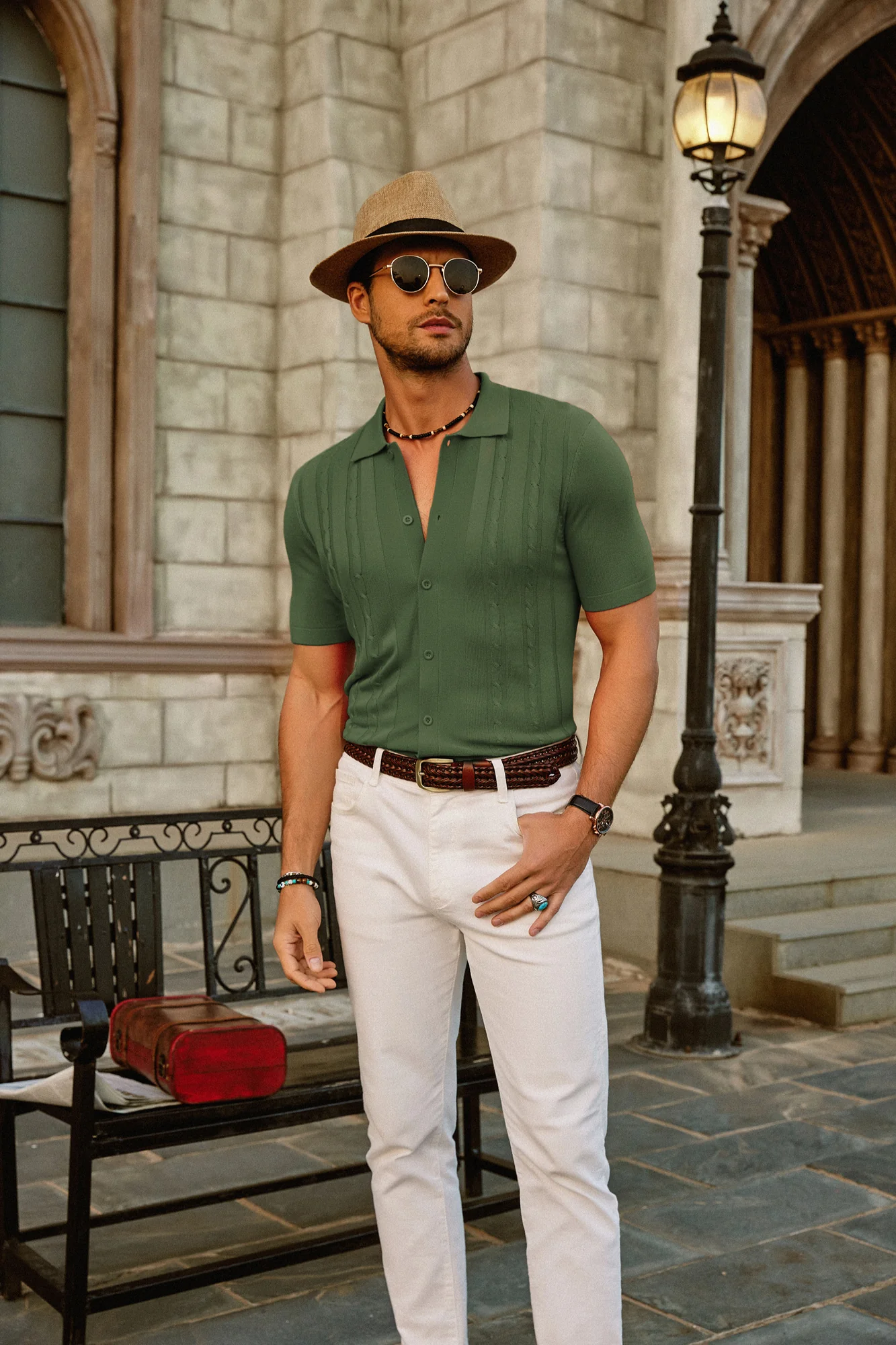 Mens Polo Shirts Vintage Striped Button Down Knitted Golf Cardigans Shirts - Image 12