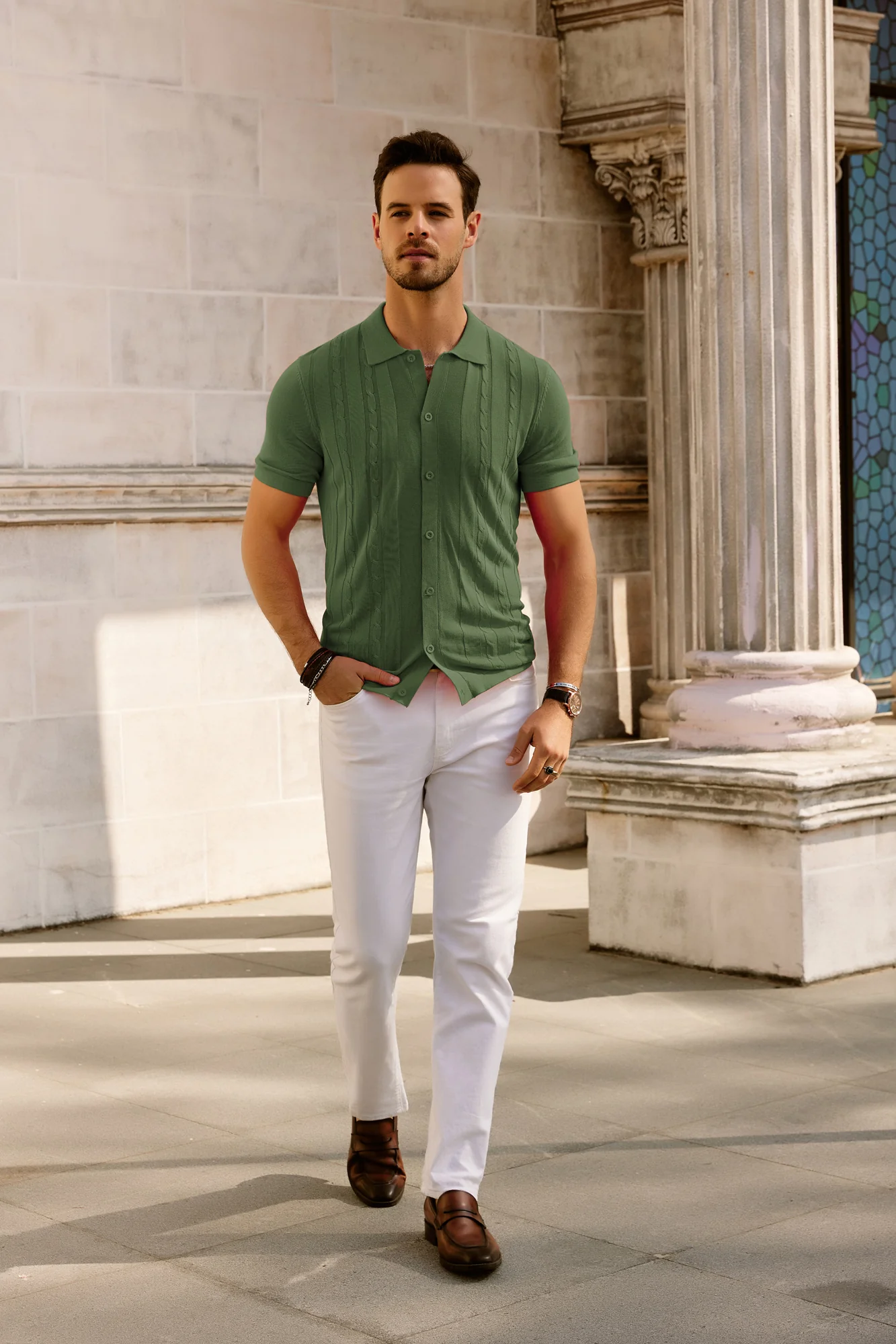 Mens Polo Shirts Vintage Striped Button Down Knitted Golf Cardigans Shirts - Image 13