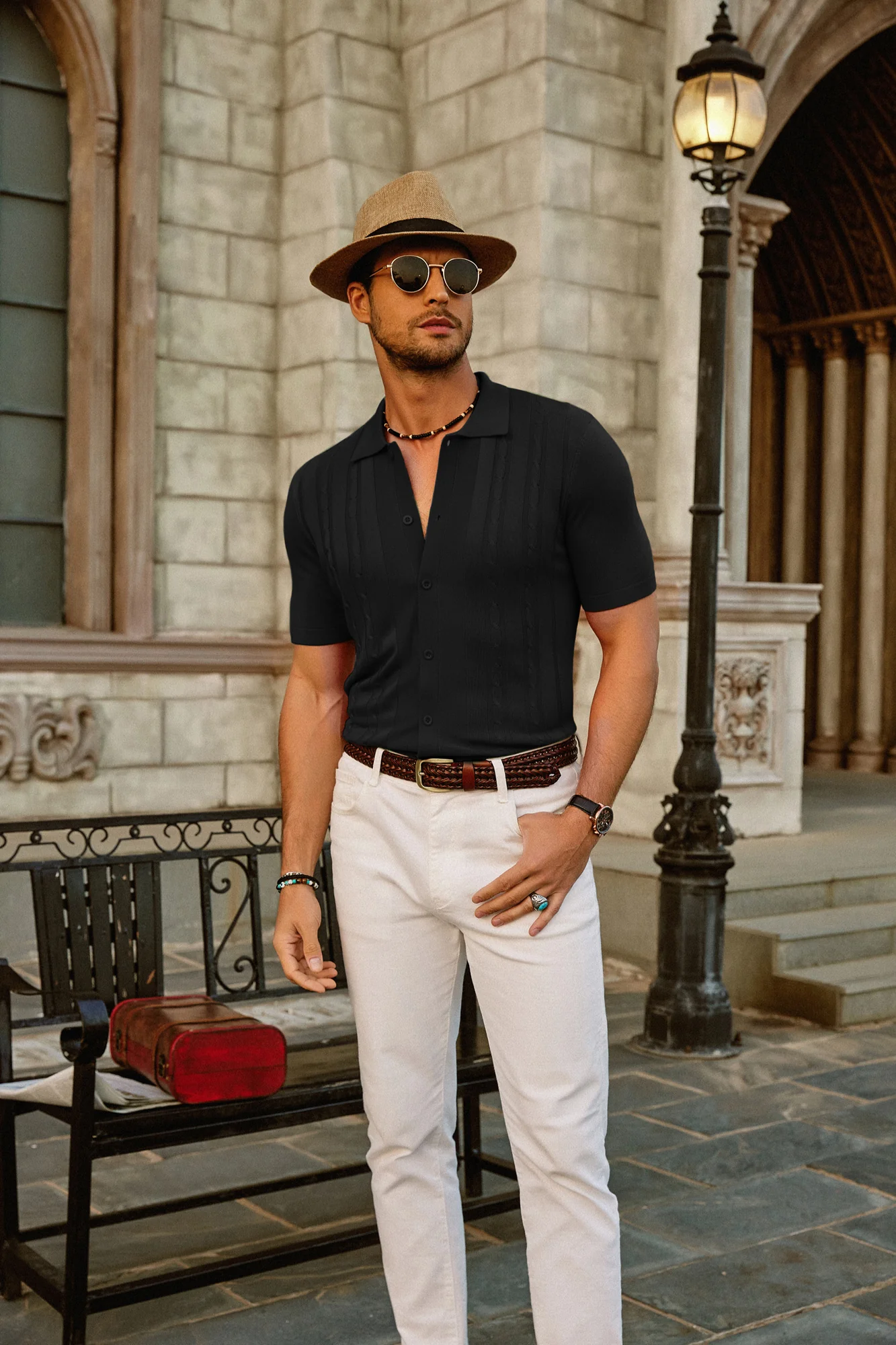 Mens Polo Shirts Vintage Striped Button Down Knitted Golf Cardigans Shirts - Image 16