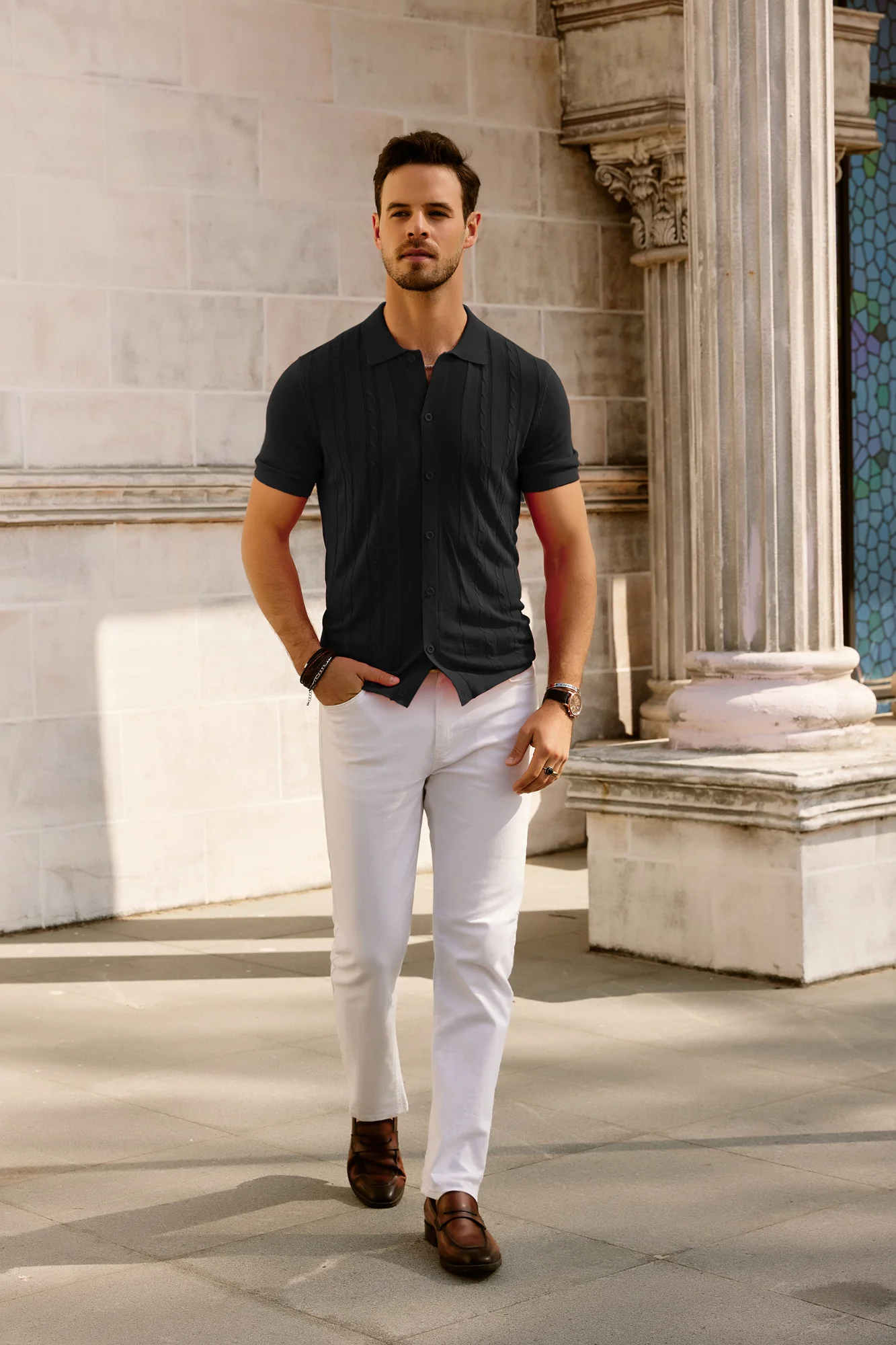 Mens Polo Shirts Vintage Striped Button Down Knitted Golf Cardigans Shirts - Image 17