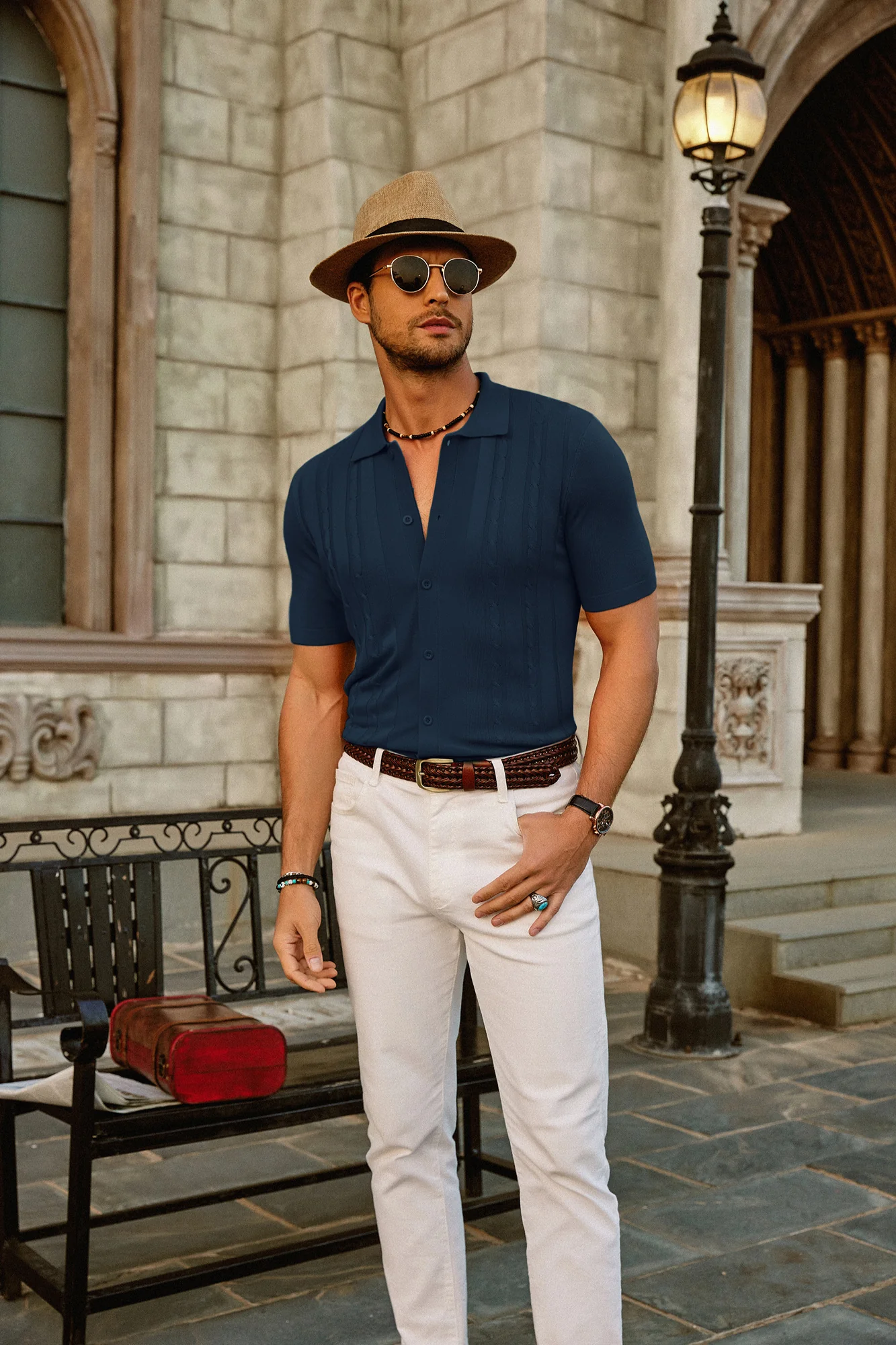 Mens Polo Shirts Vintage Striped Button Down Knitted Golf Cardigans Shirts - Image 26
