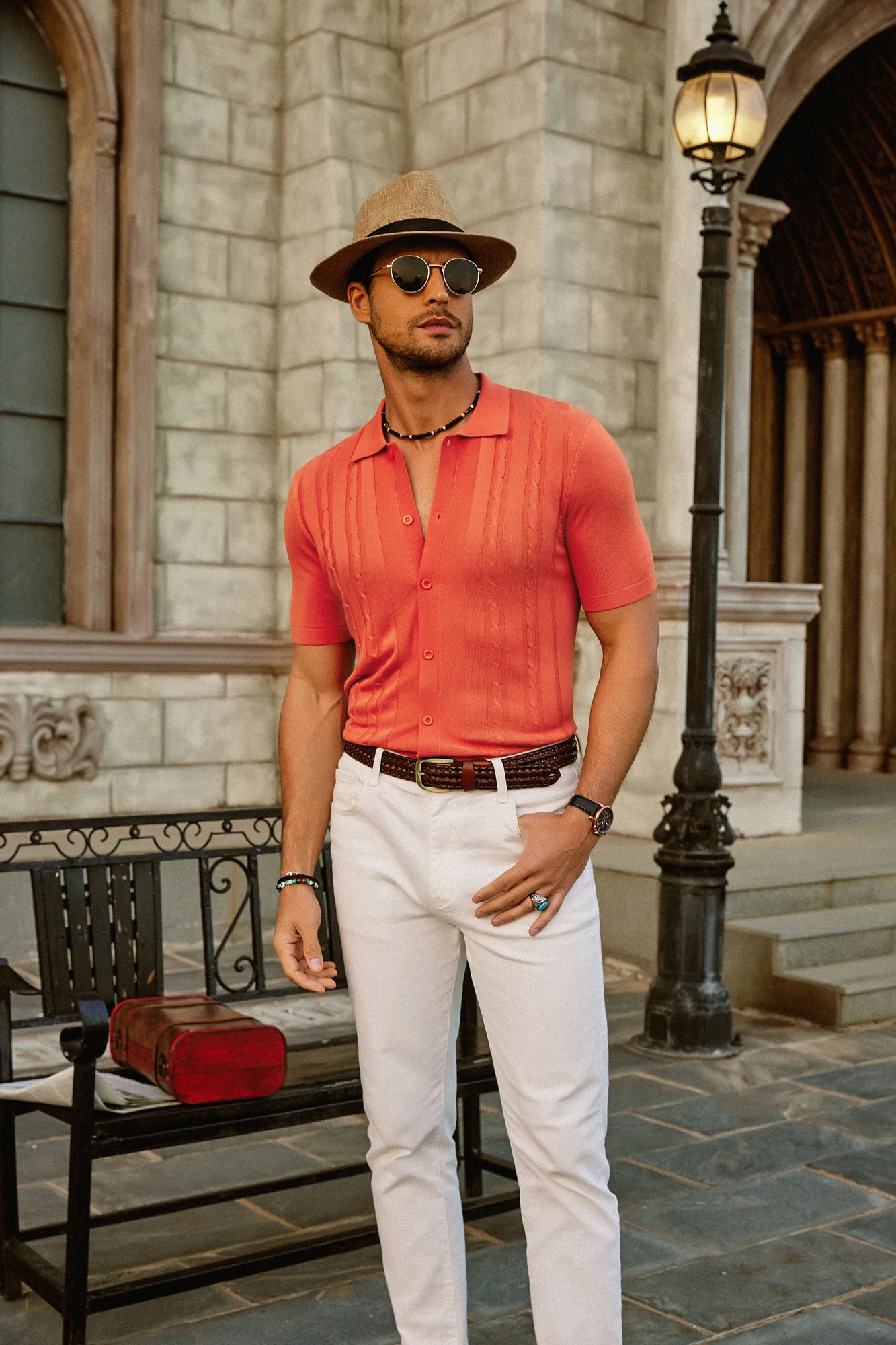 Mens Polo Shirts Vintage Striped Button Down Knitted Golf Cardigans Shirts - Image 6