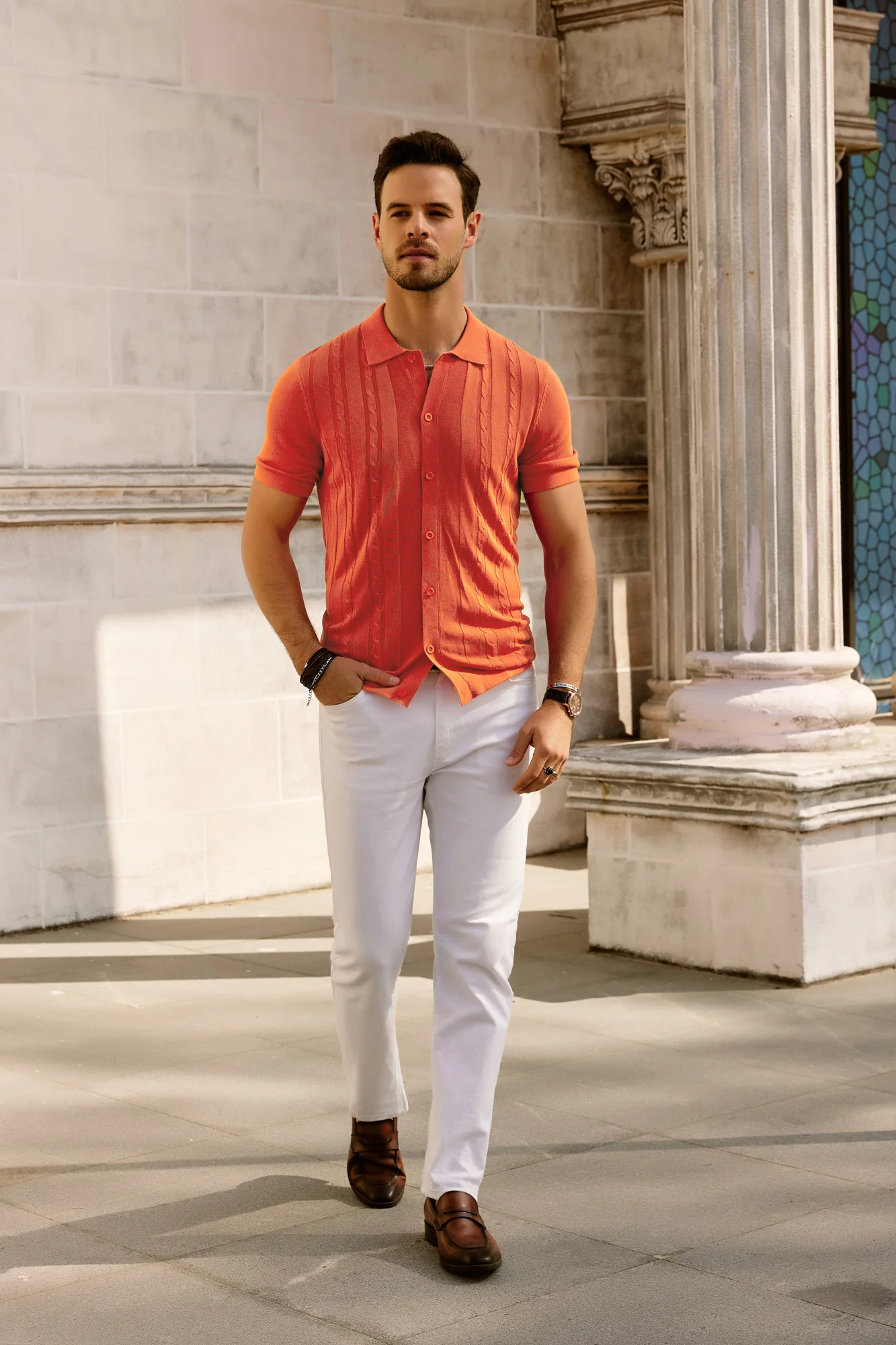 Mens Polo Shirts Vintage Striped Button Down Knitted Golf Cardigans Shirts - Image 7